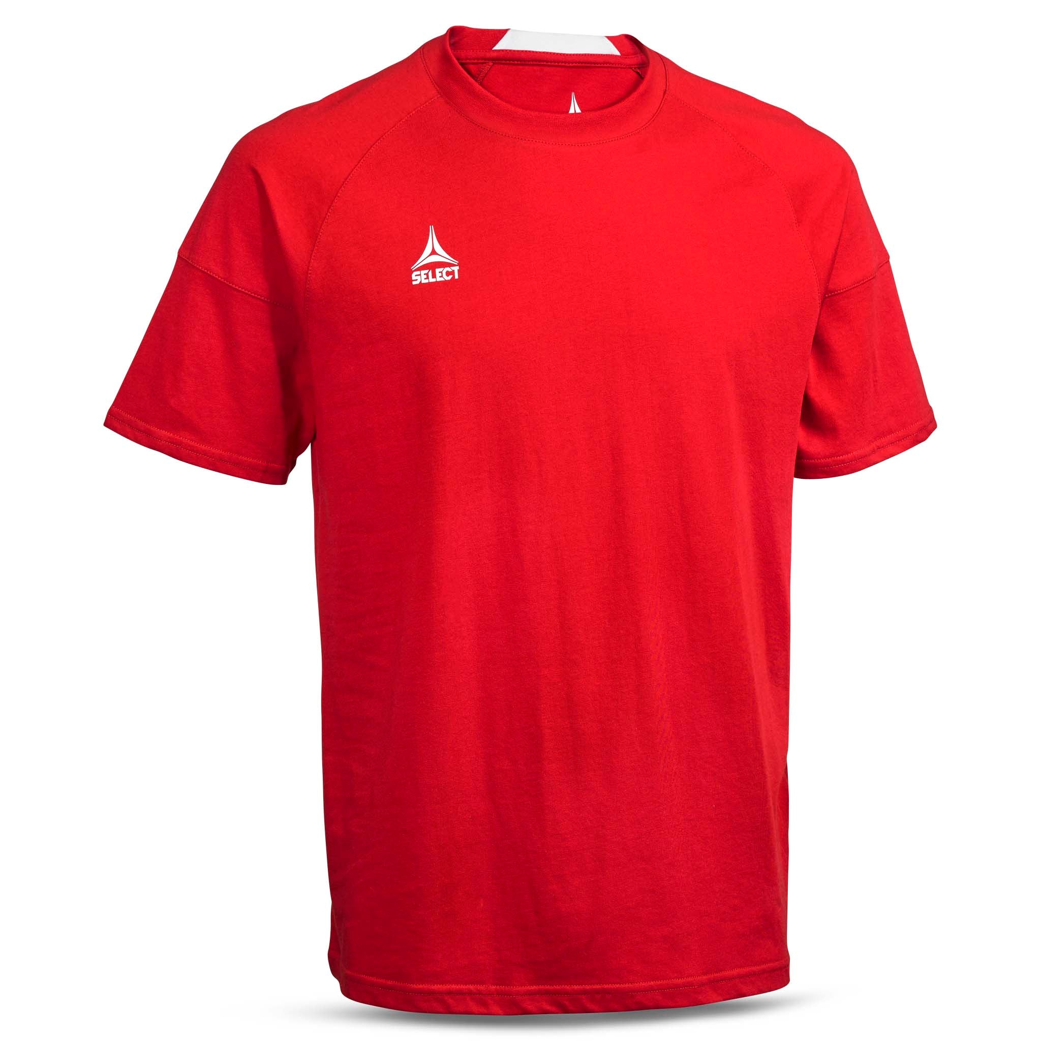 Red T-Shirt Oxford v25 leisure wear, front page view with white logo on chest.