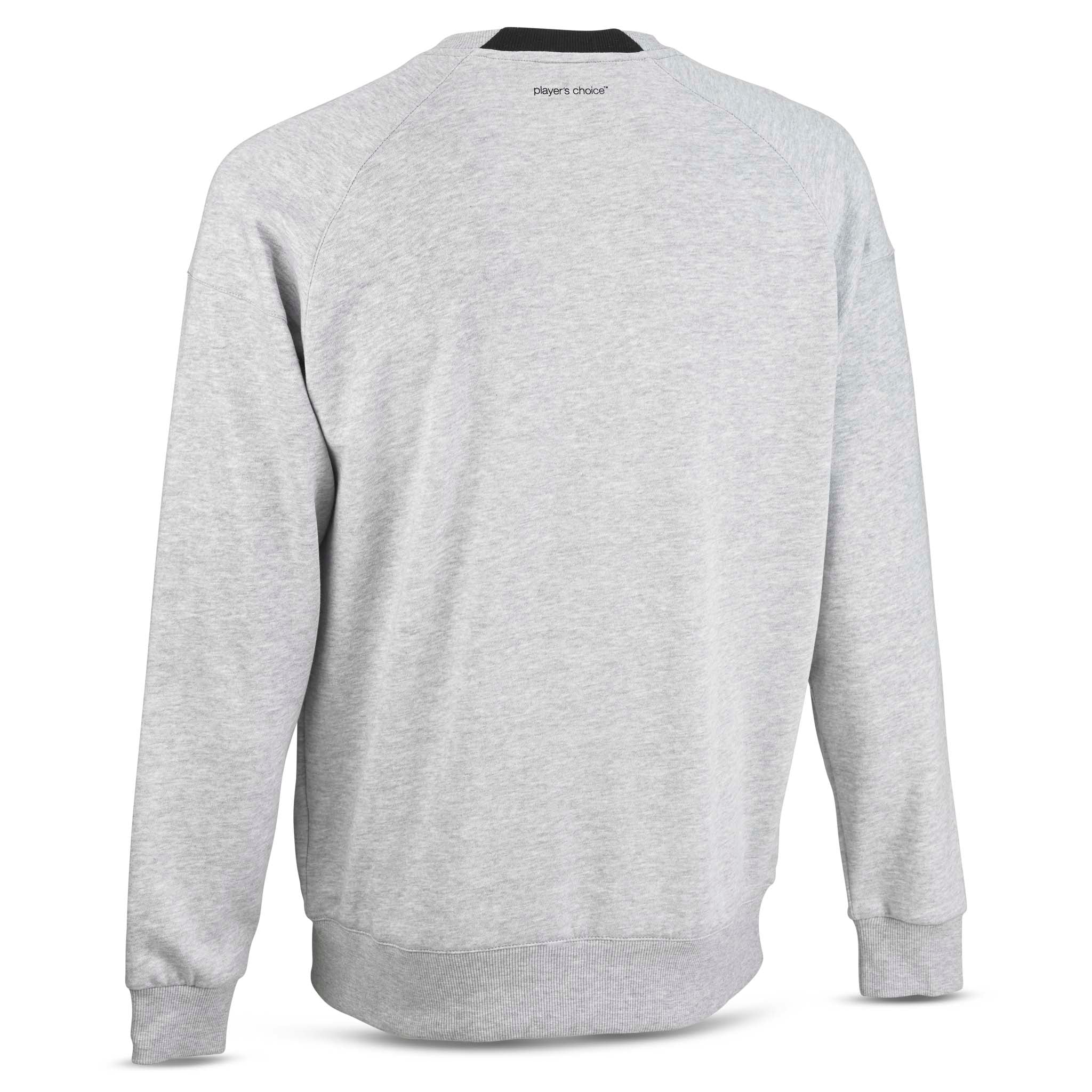 Grey Sweat Oxford v25 leisure wear sweatshirt, back page view with black inner collar detail.