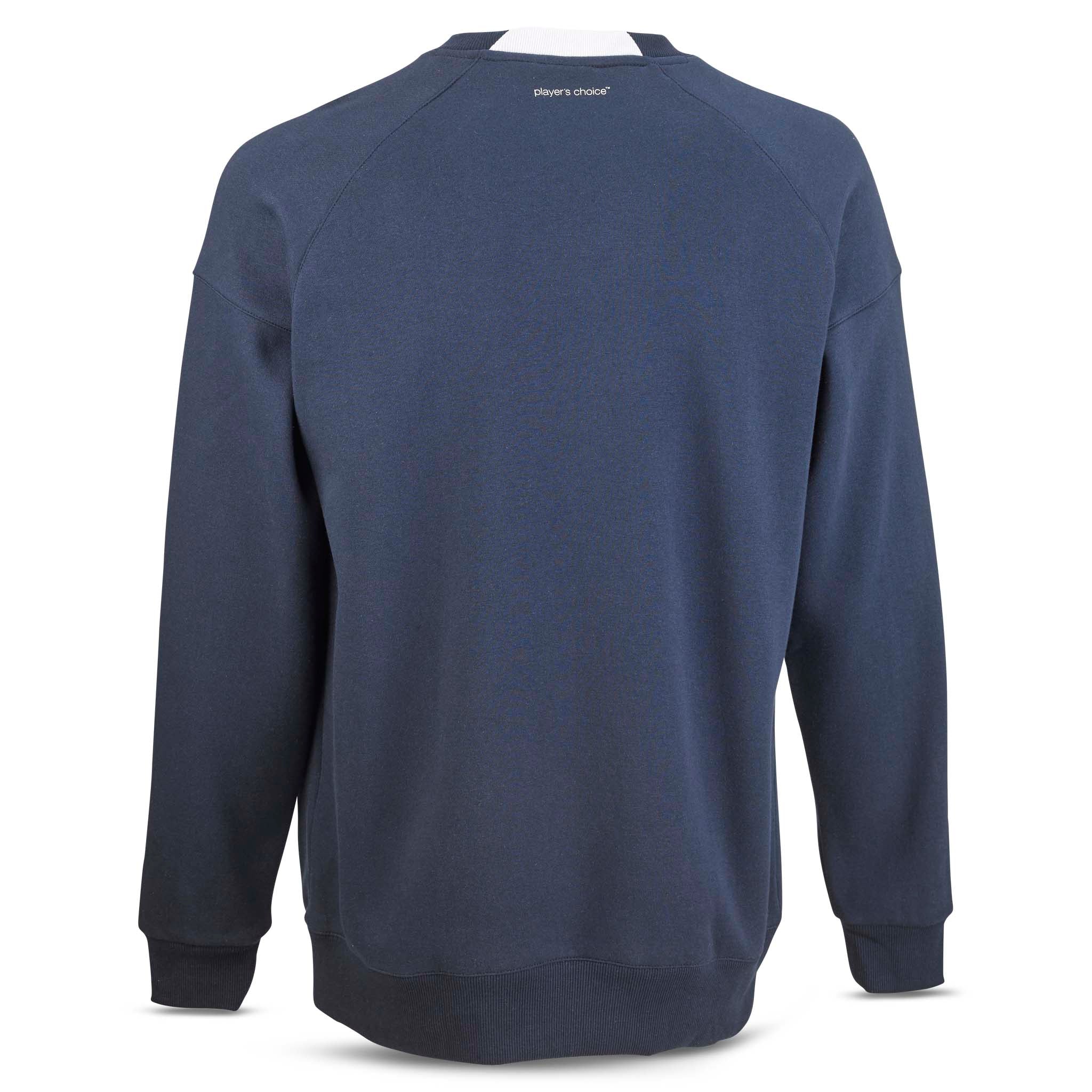 Navy blue Sweat Oxford v25 leisure wear, back page view with white neck detail.