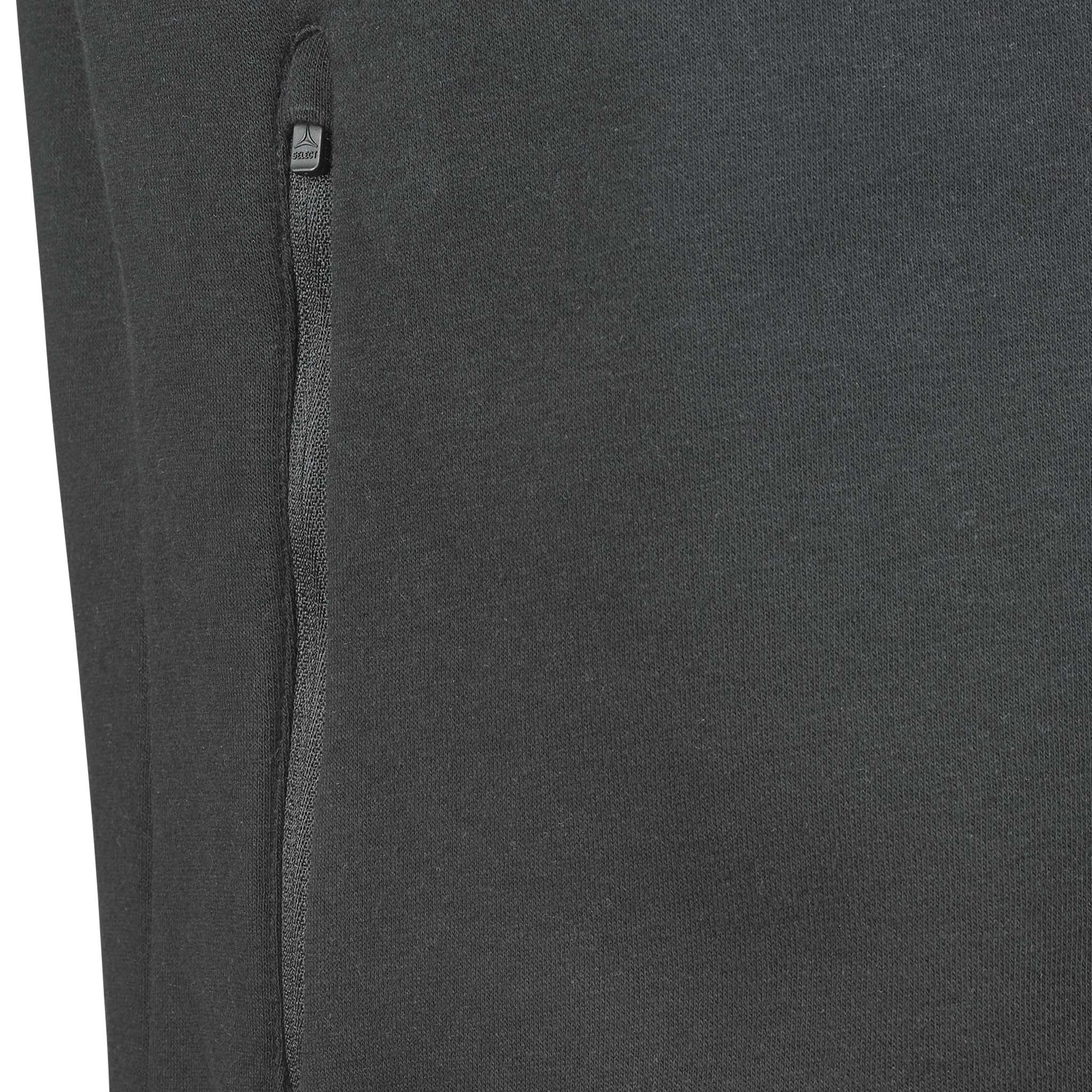 Closeup of black Zip jacket Oxford v25 leisure wear, showing zipped pocket detail and dark grey fabric texture.