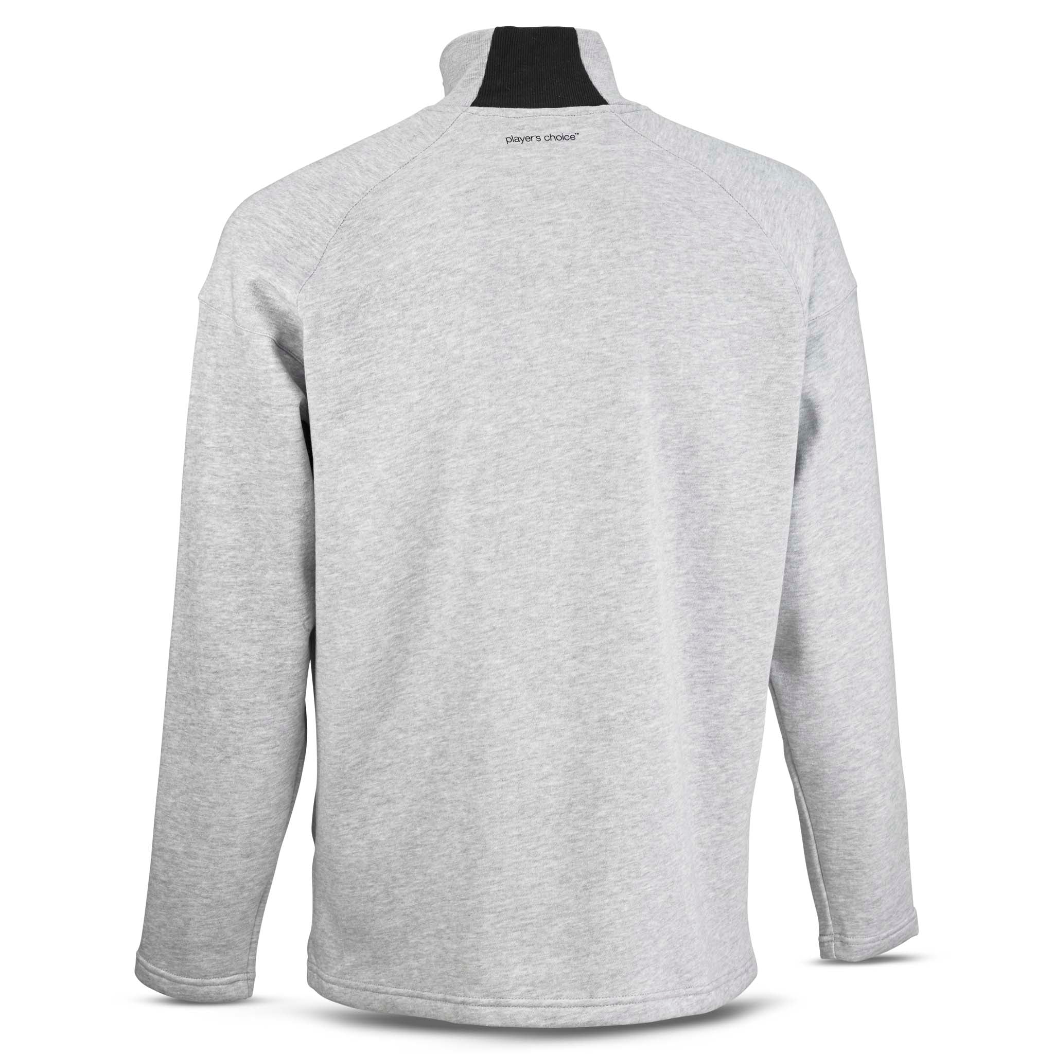 Grey Zip jacket Oxford v25, leisure wear, back page view with black collar detail.