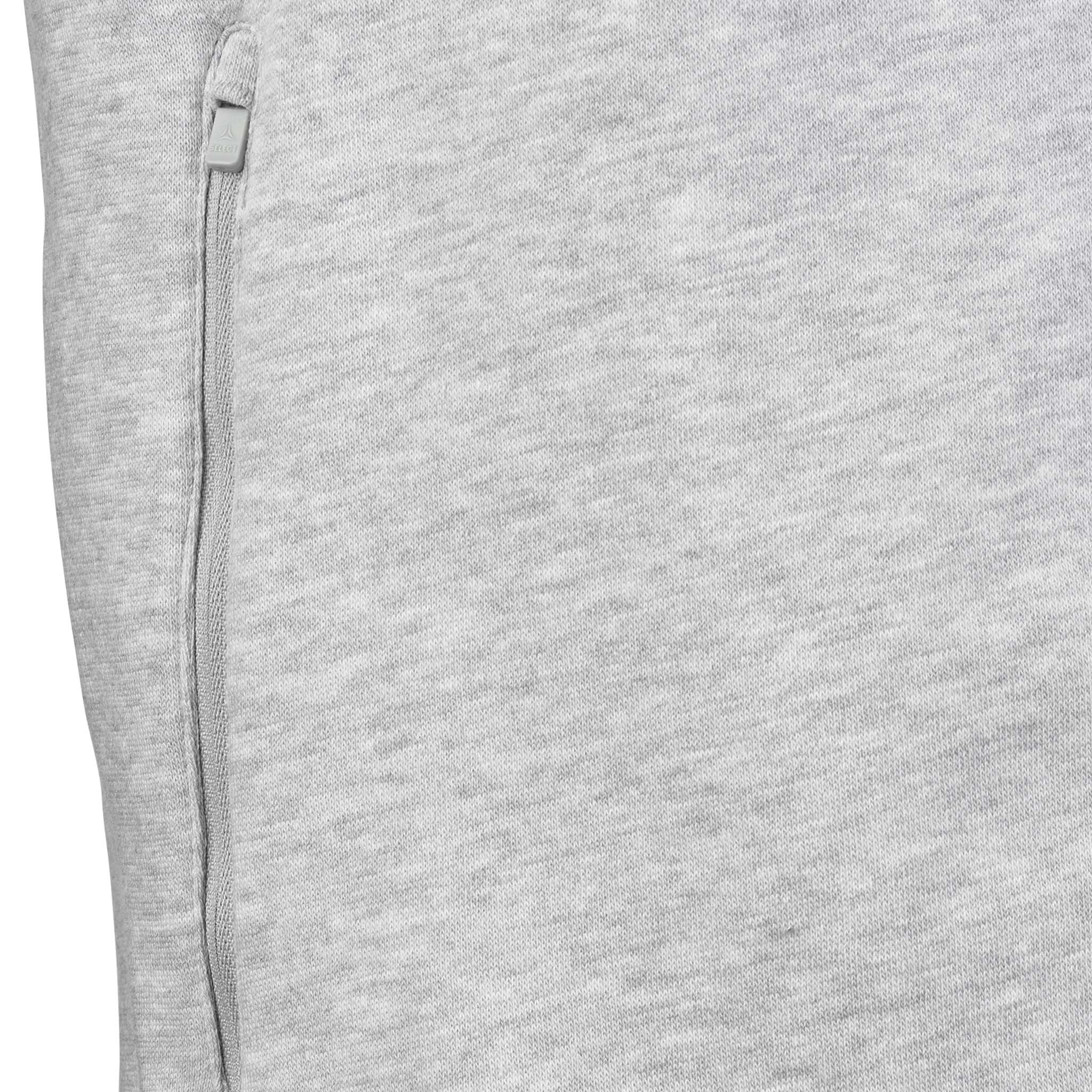 Closeup of grey Zip jacket Oxford v25 leisure wear, showing zip pocket detail on heathered fabric