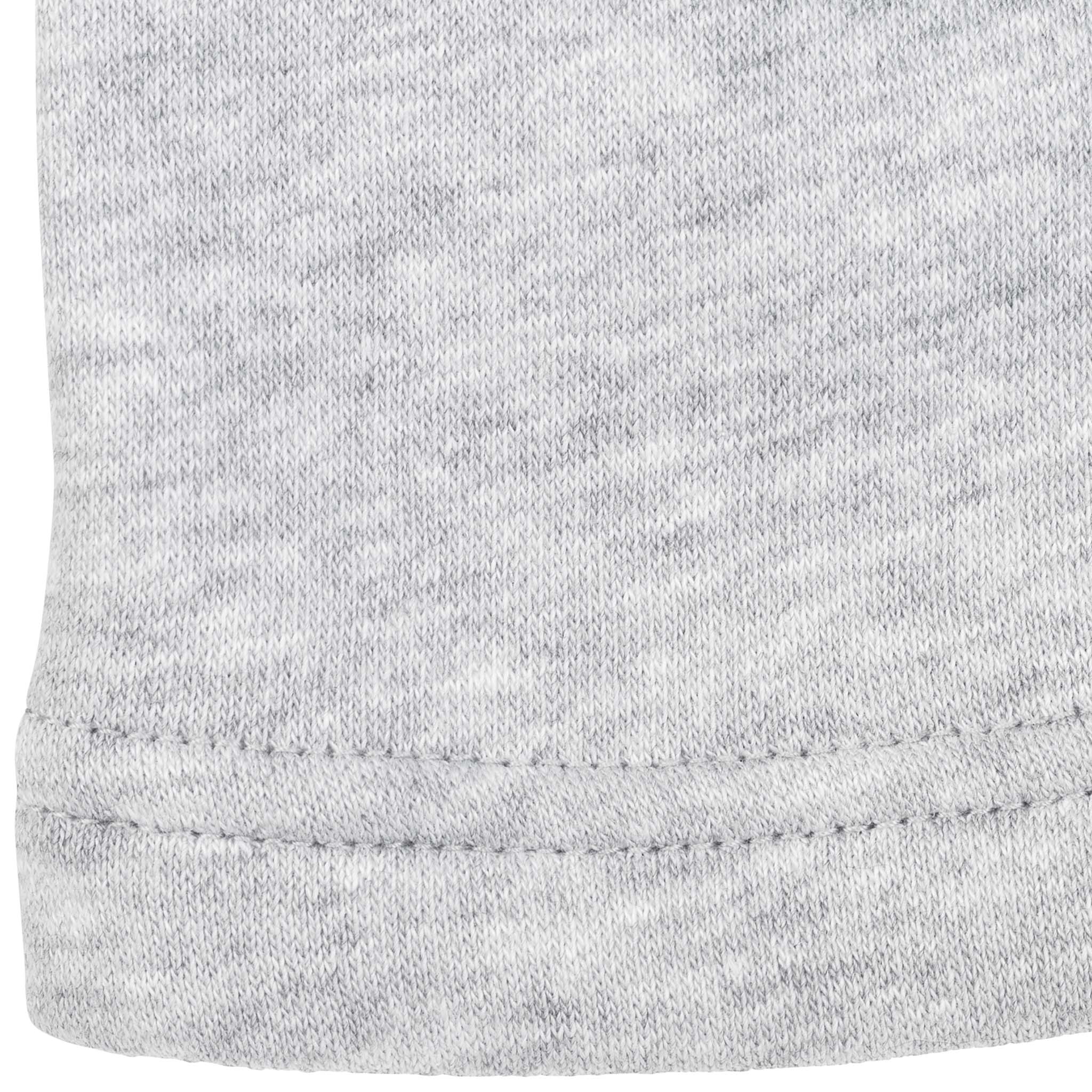 Closeup of grey Zip jacket Oxford v25 leisure wear, showing the ribbed hem and stitched seam detail.