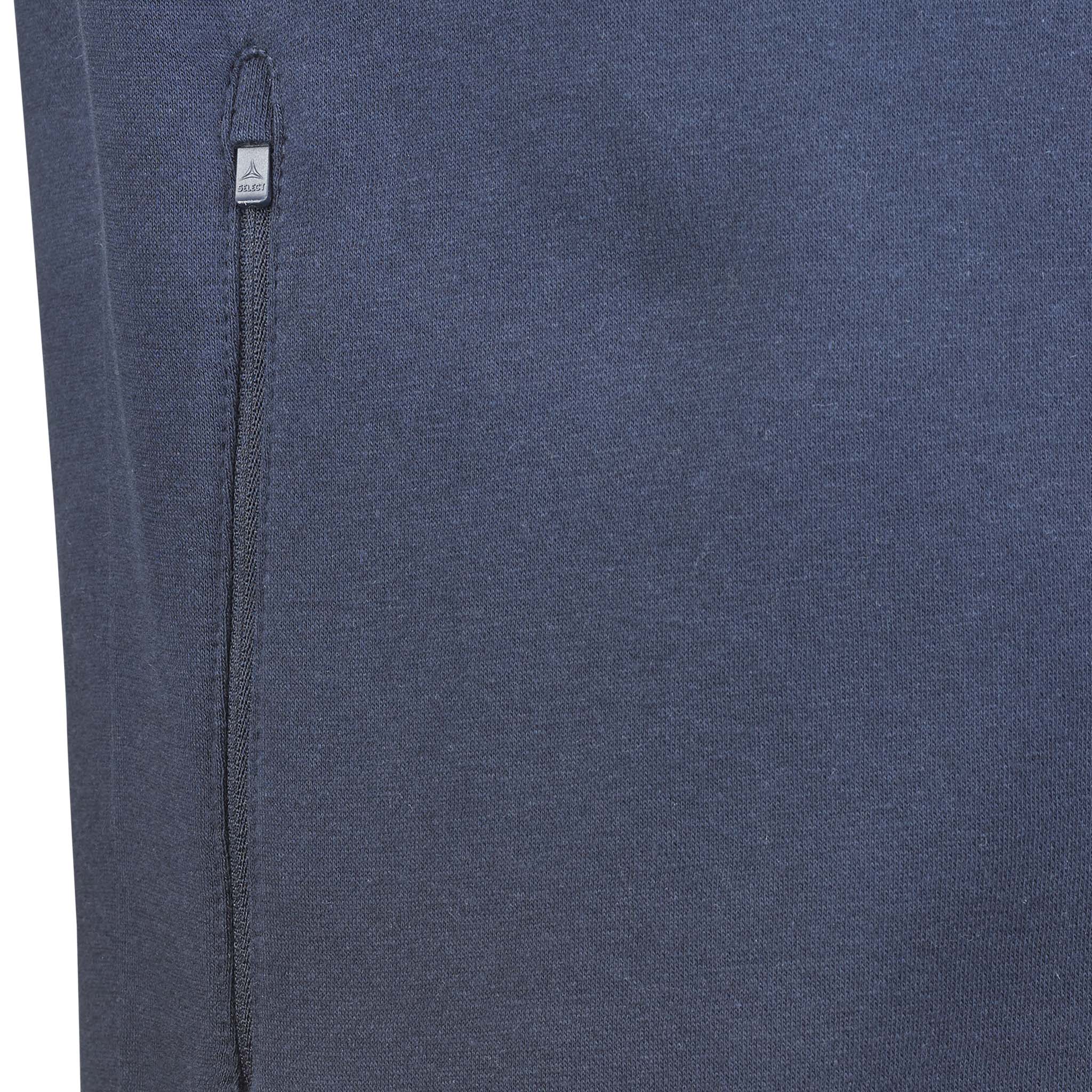 Closeup of navy Zip jacket Oxford v25 leisure wear, showing zipper detail and fabric texture