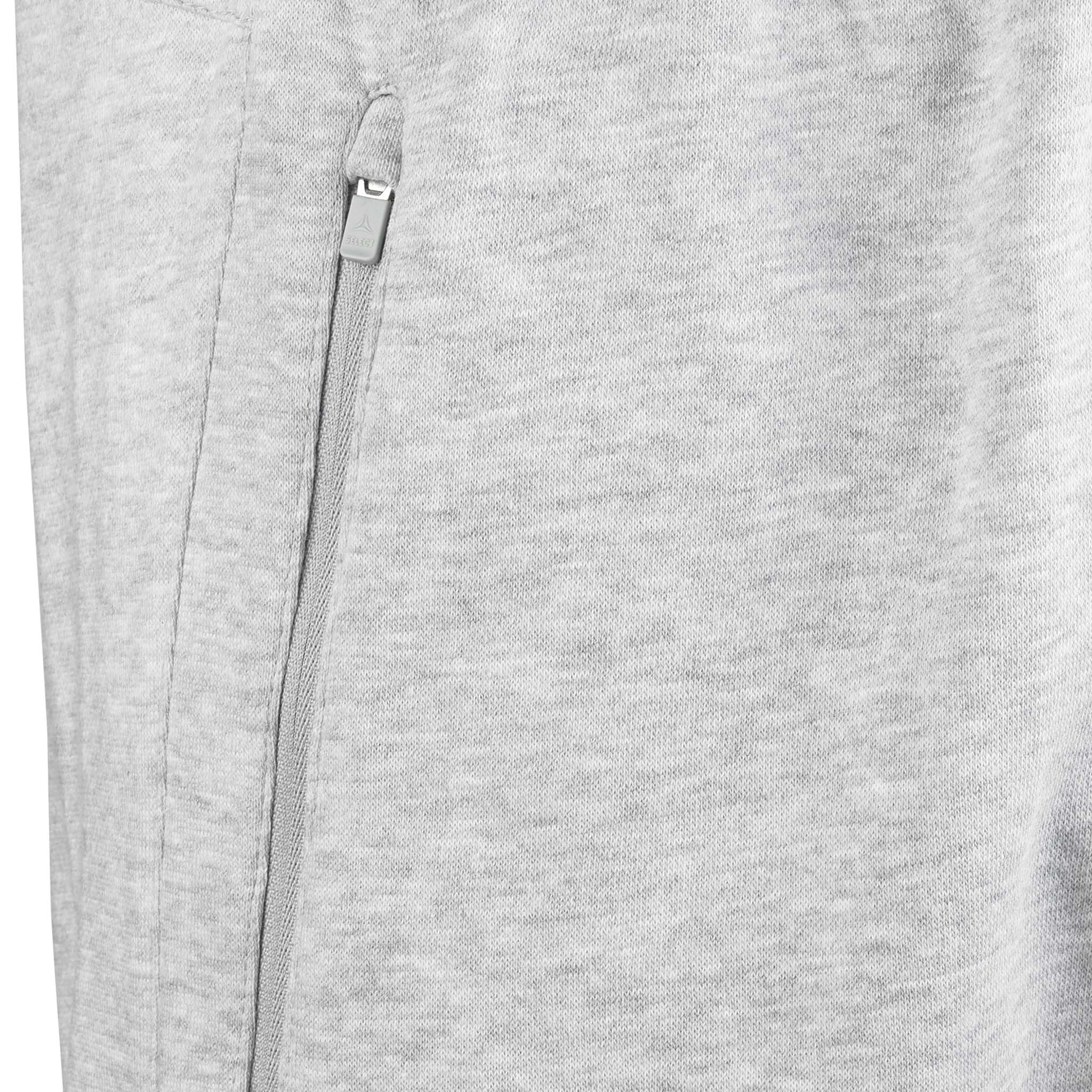 Closeup of grey Sweat pants Oxford v25 leisure wear, showing zippered side pocket detail.