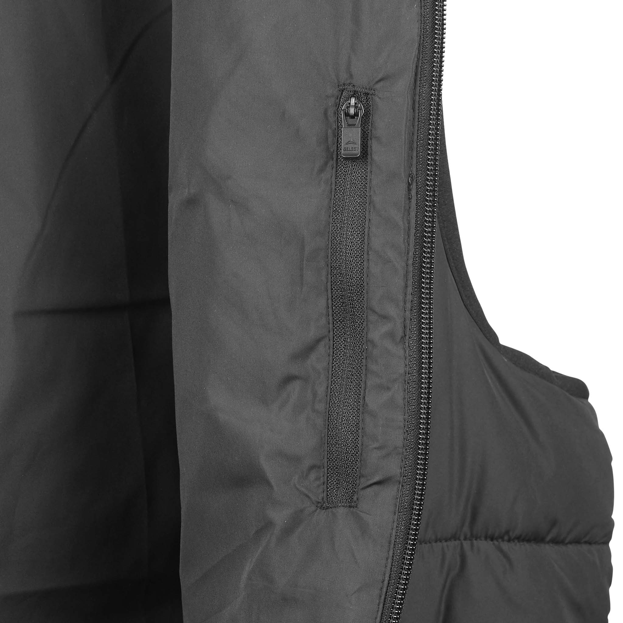 Closeup of black Padded vest Oxford v25 leisure wear, showing zip pocket and front zipper detail.