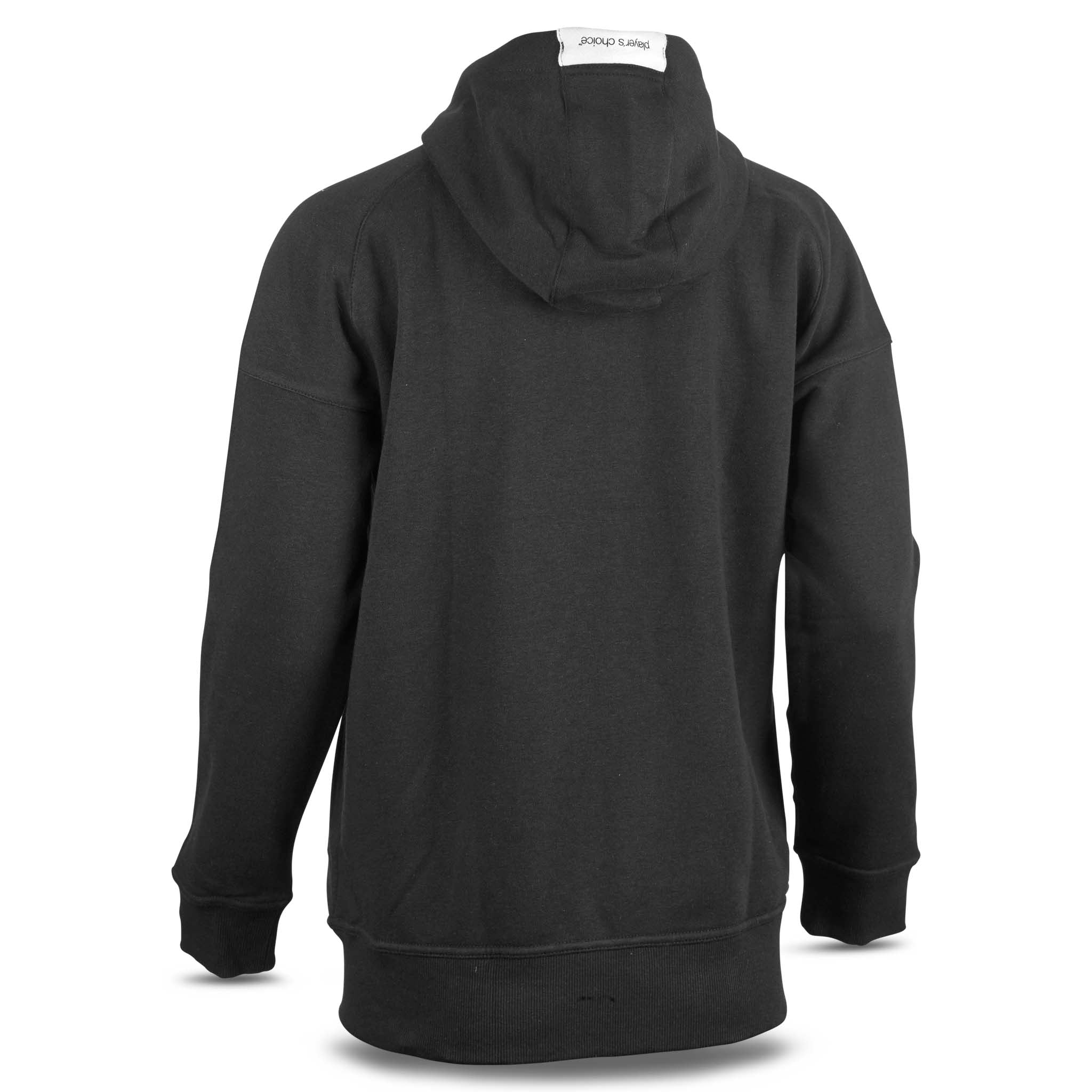 Black Zip hoodie Oxford woman v25, leisure wear, back page view with hood and ribbed cuffs.