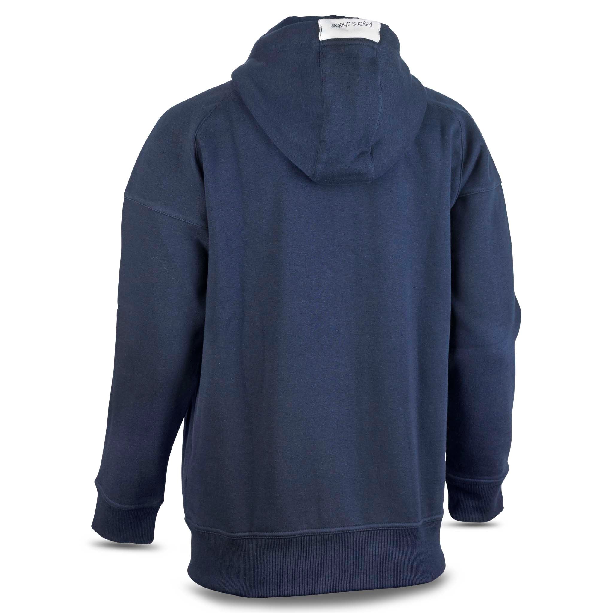 Navy blue Zip hoodie Oxford woman v25, leisure wear, shown from the back with hood.