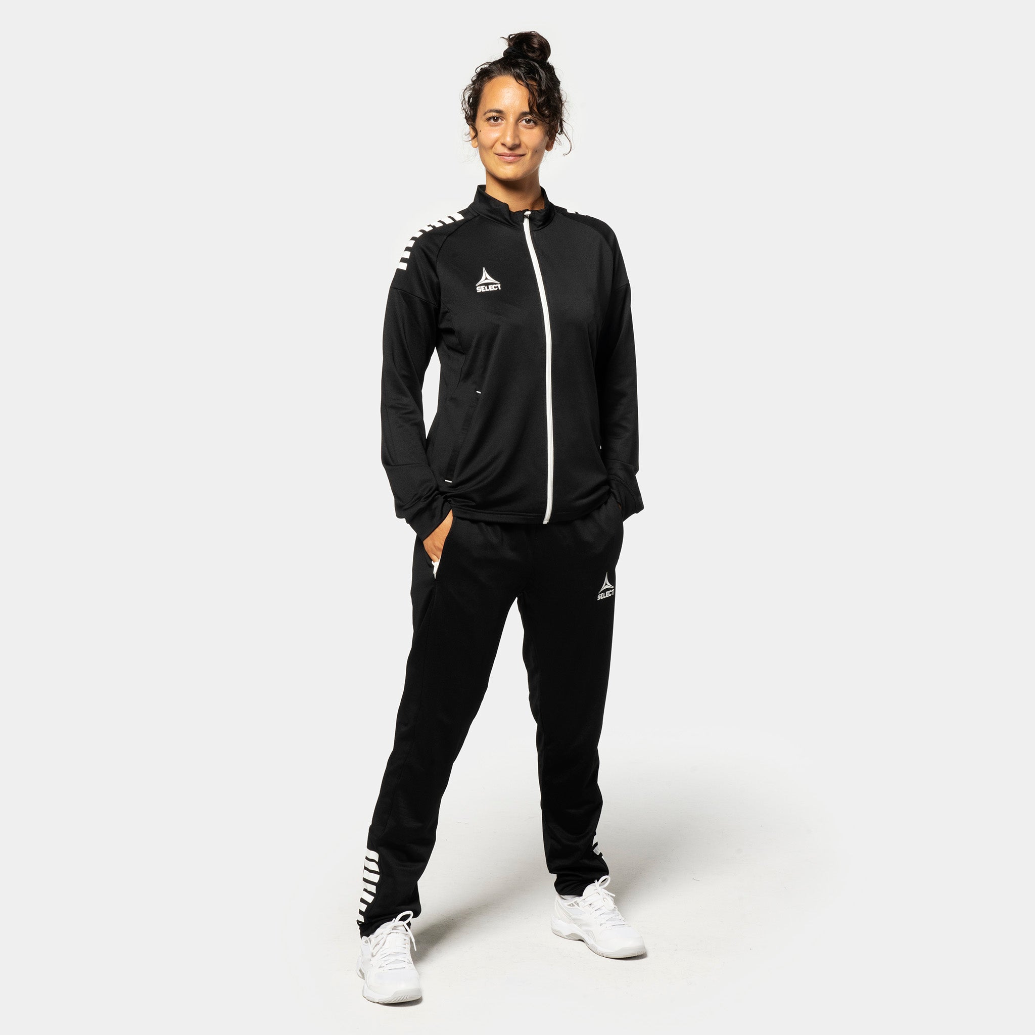 Woman football player in black-white Training zip jacket Spain woman v25, Match & Training wear, front view