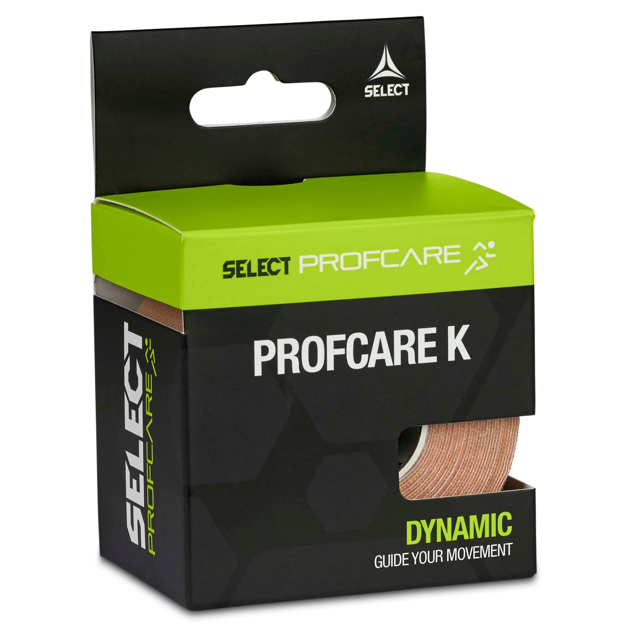Tape Profcare K Sports care box, left-side view, green and black packaging with beige kinesiology tape visible