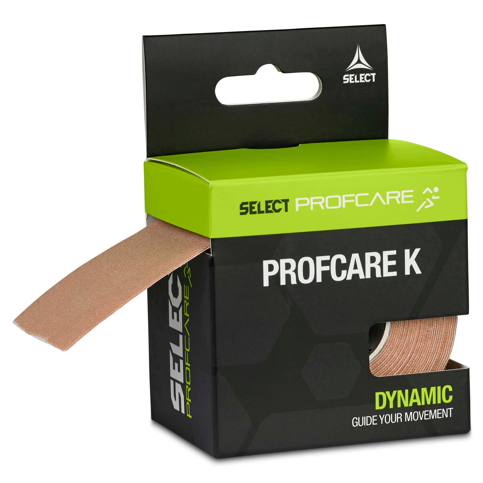 Beige Tape Profcare K in green and black sports care box, left-side angle.