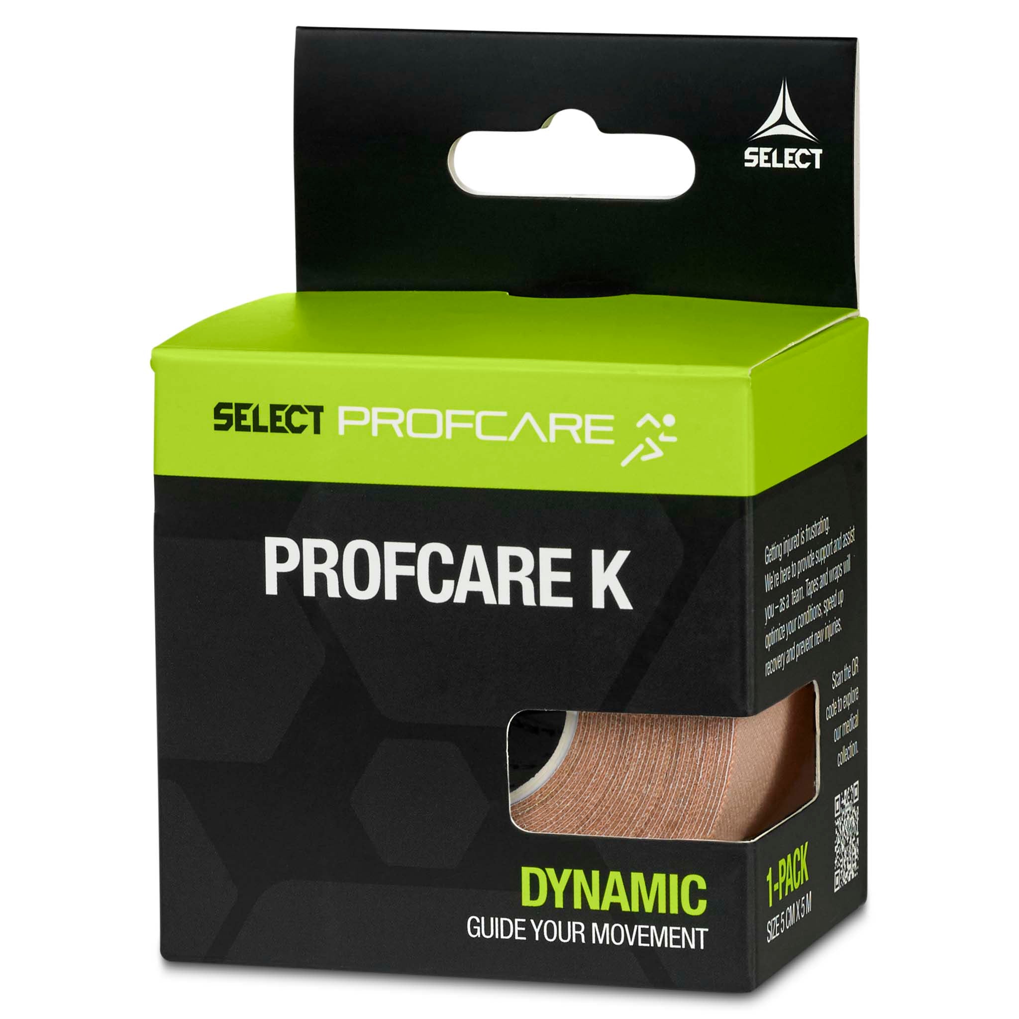 Right-side view of beige Tape Profcare K sports care packaging in black and green box