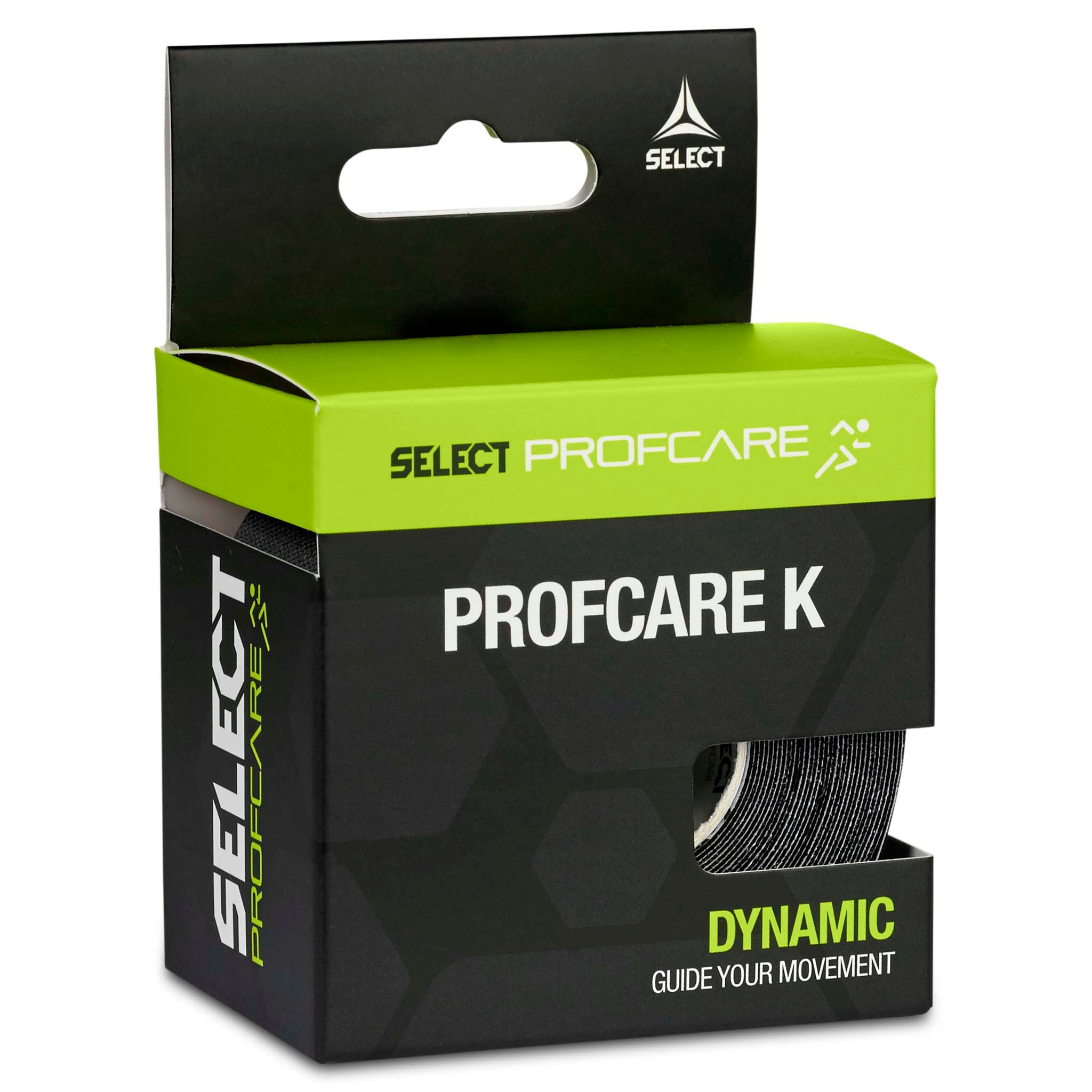 Tape Profcare K sports care box, left-side angle. Black and green packaging with visible black kinesiology tape roll.