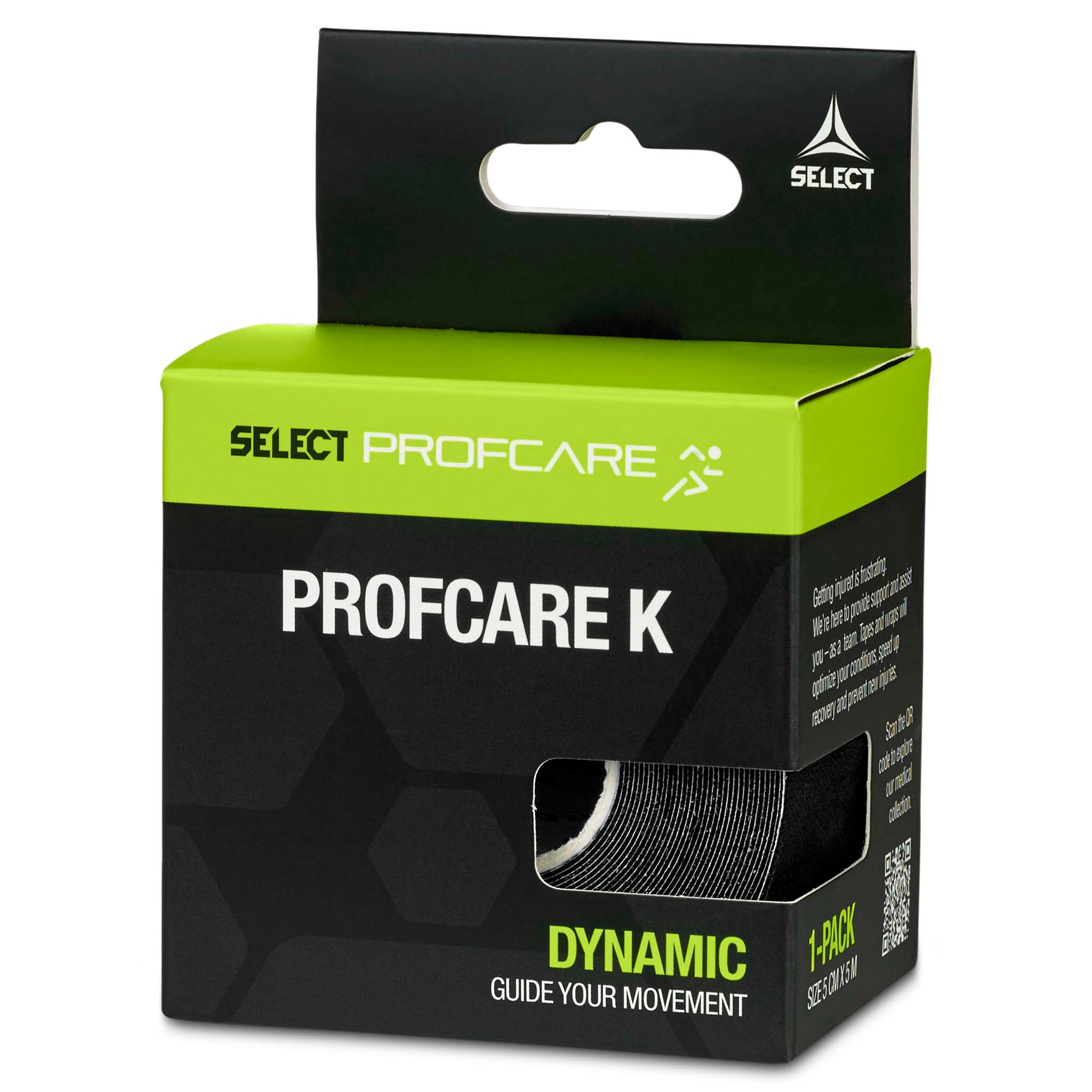 Right-side view of Tape Profcare K sports care packaging in black and green with a roll of black tape shown.