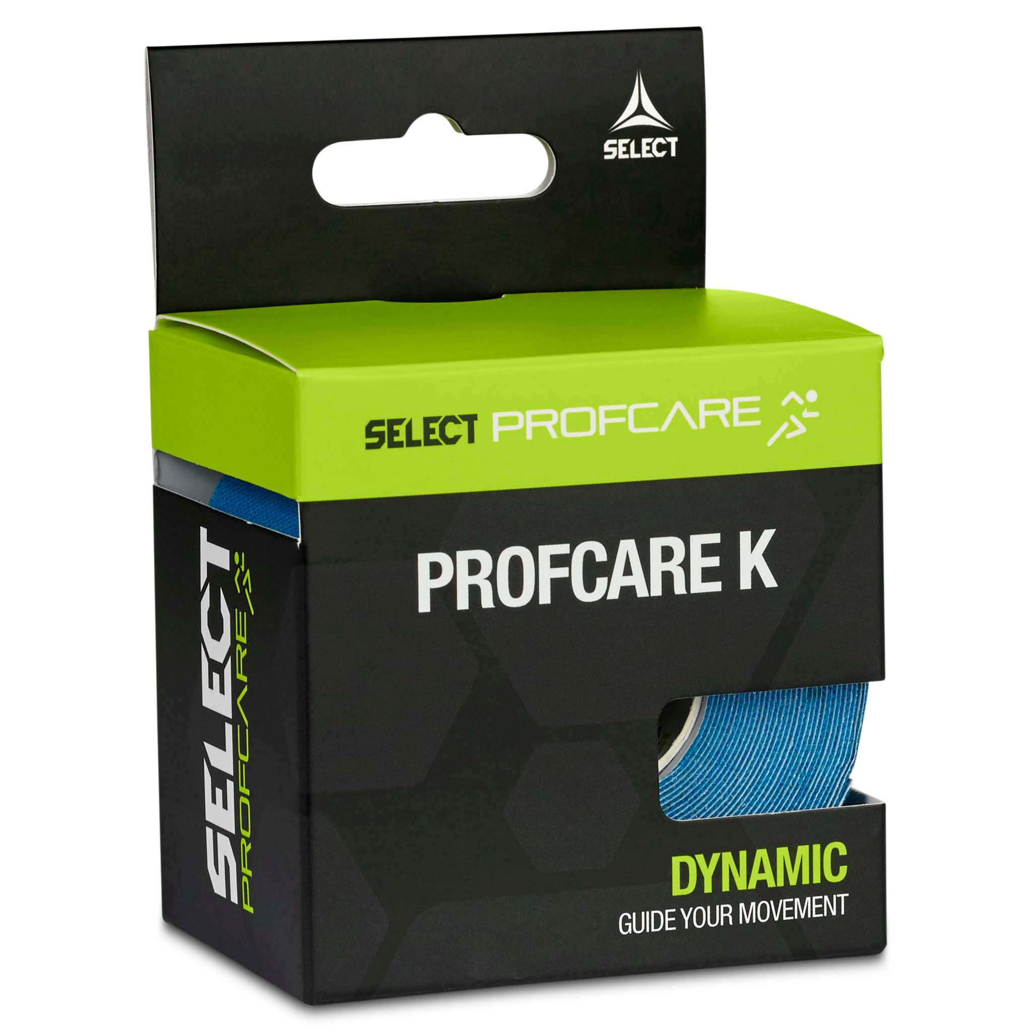Left-side view of Tape Profcare K sports care box, black with green accents and blue kinesiology tape visible.