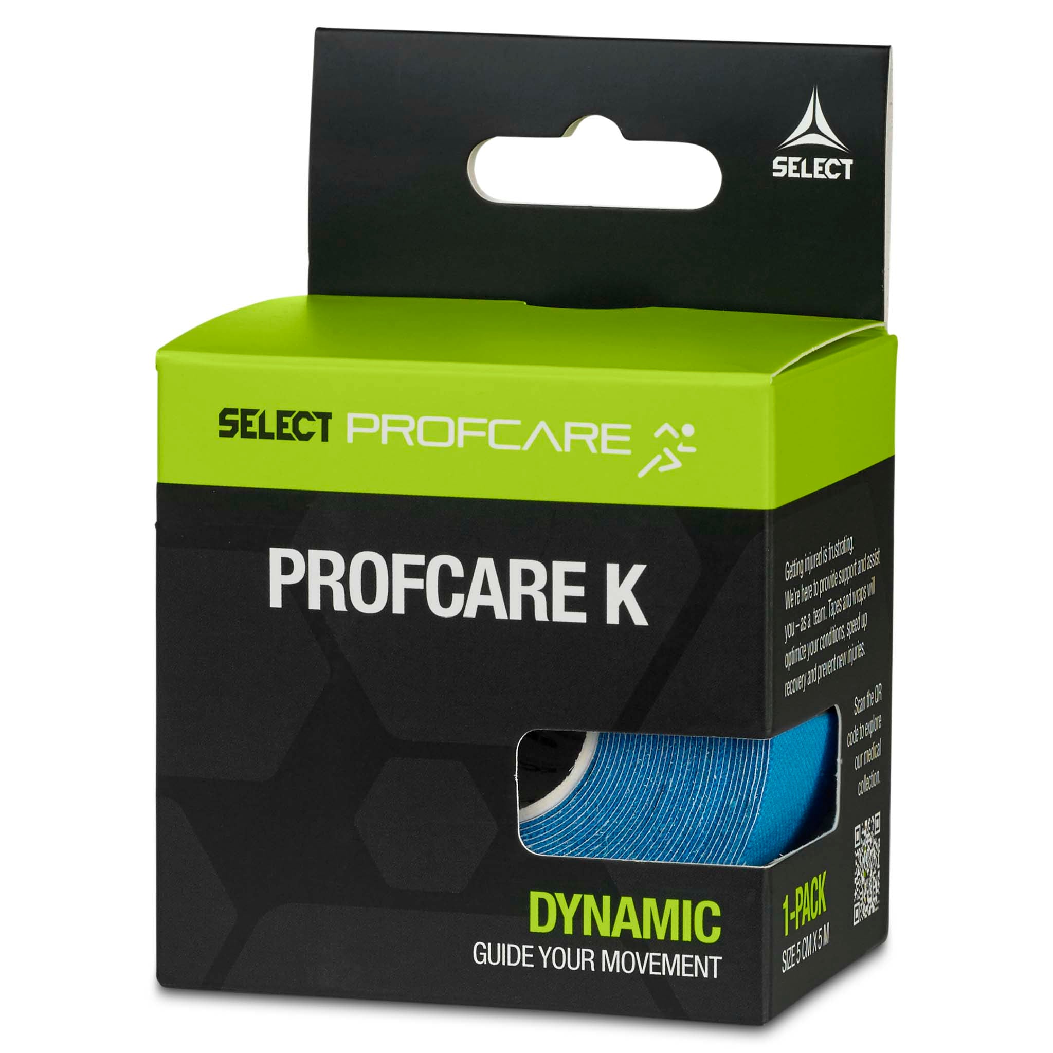 Right-side view of Tape Profcare K Sports care packaging, black and green box with blue kinesiology tape roll visible.