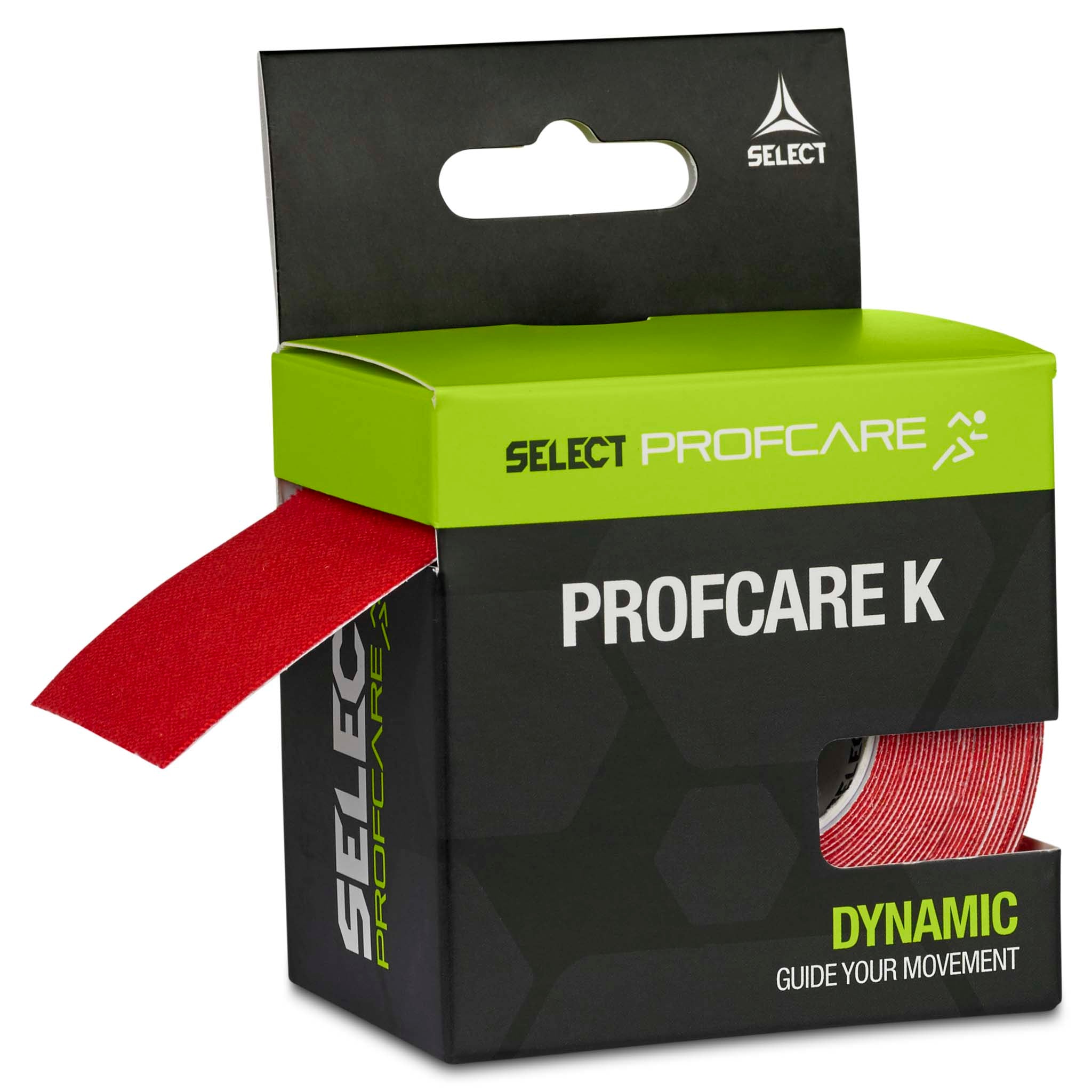 Front page of Tape Profcare K sports care, red kinesiology tape in black and green packaging box.