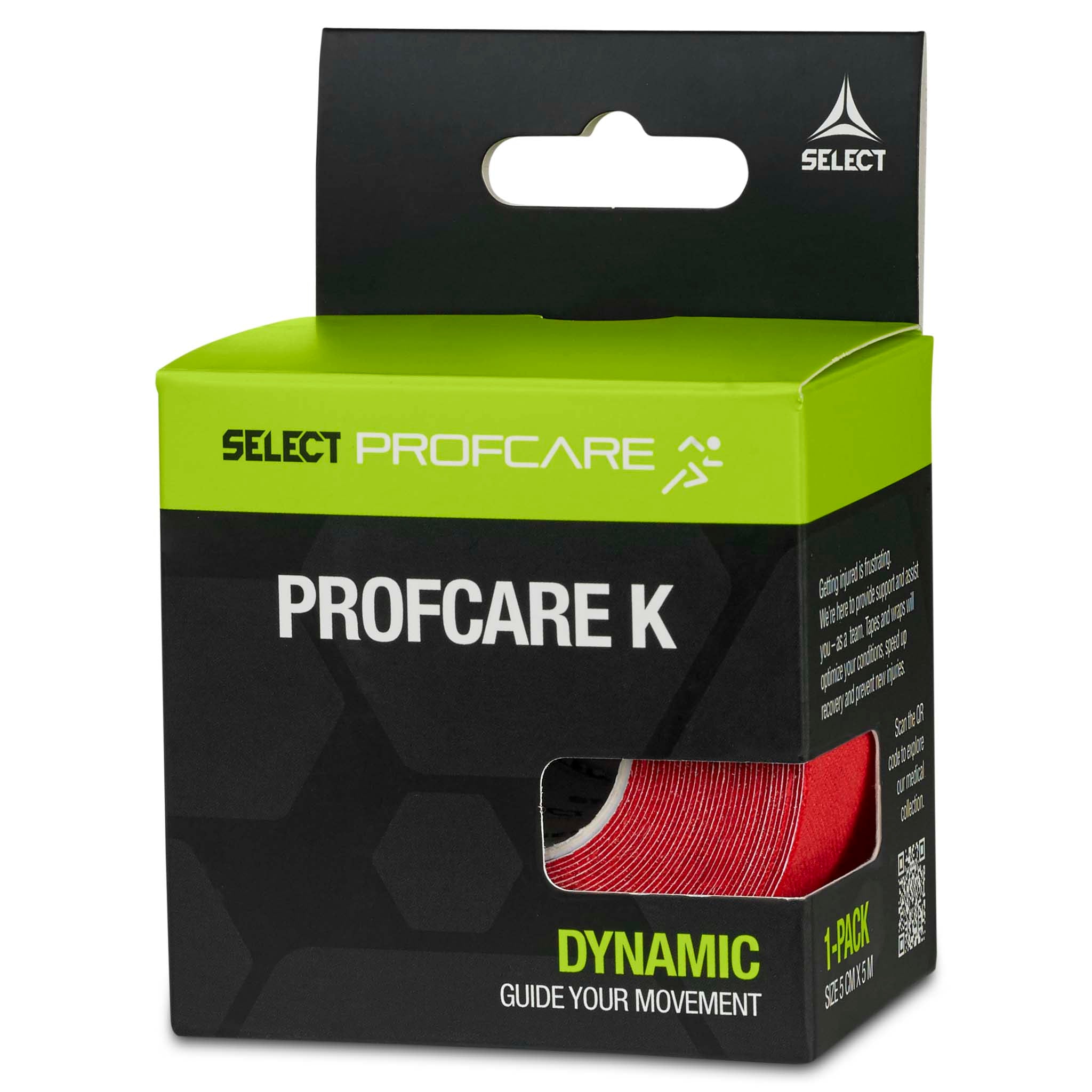 Right-side view of Tape Profcare K Sports care box, green and black with red kinesiology tape visible.