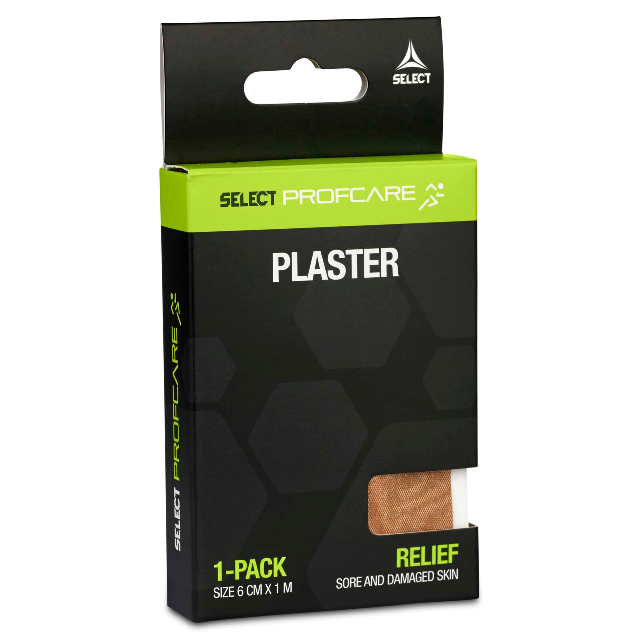 Black Select Profcare Plaster sports care pack, left-side view, with beige plaster shown, 1-pack.