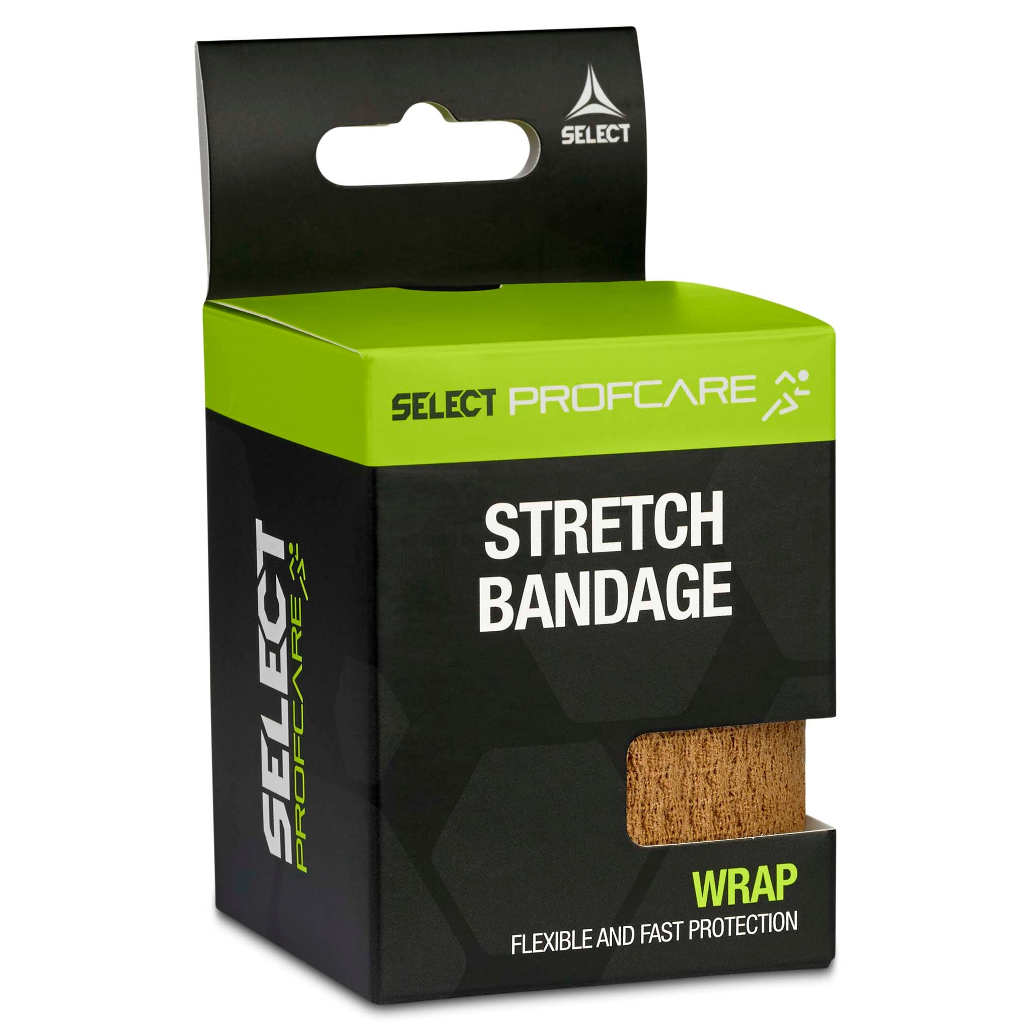 Beige Stretch Bandage in black and green Select Profcare box, left-side view. Sports care for flexible, fast protection.