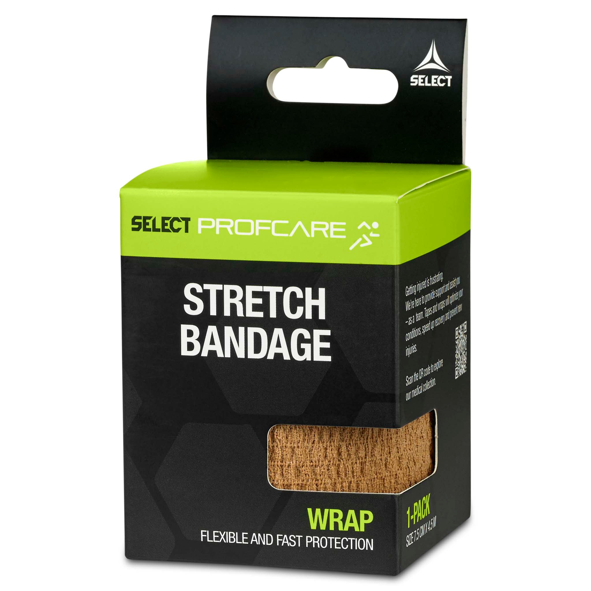 Beige Stretch Bandage in green and black Profcare sports care packaging, right-side view.
