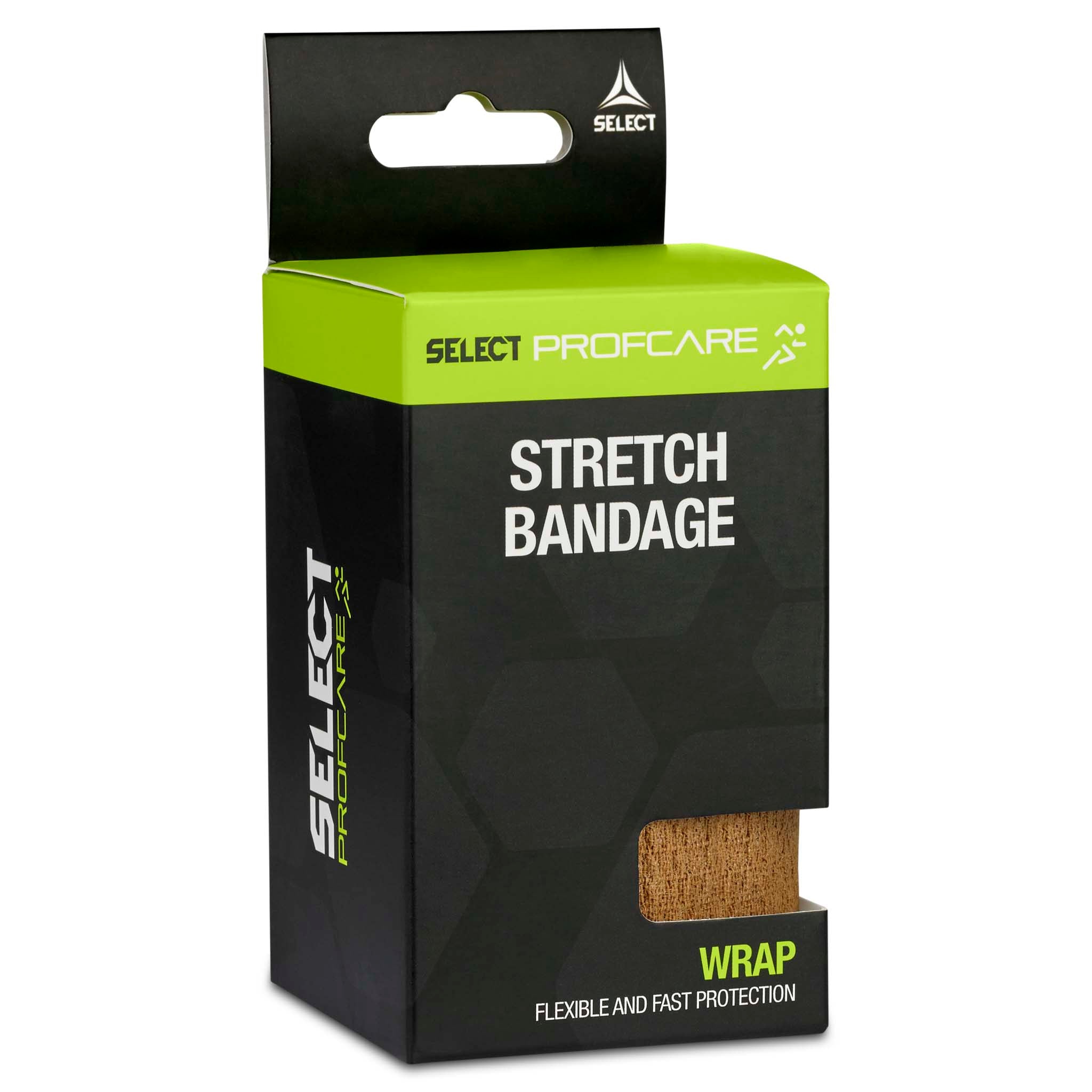 Stretch Bandage in beige, Sports care, black and green packaging shown from left side, flexible football wrap protection