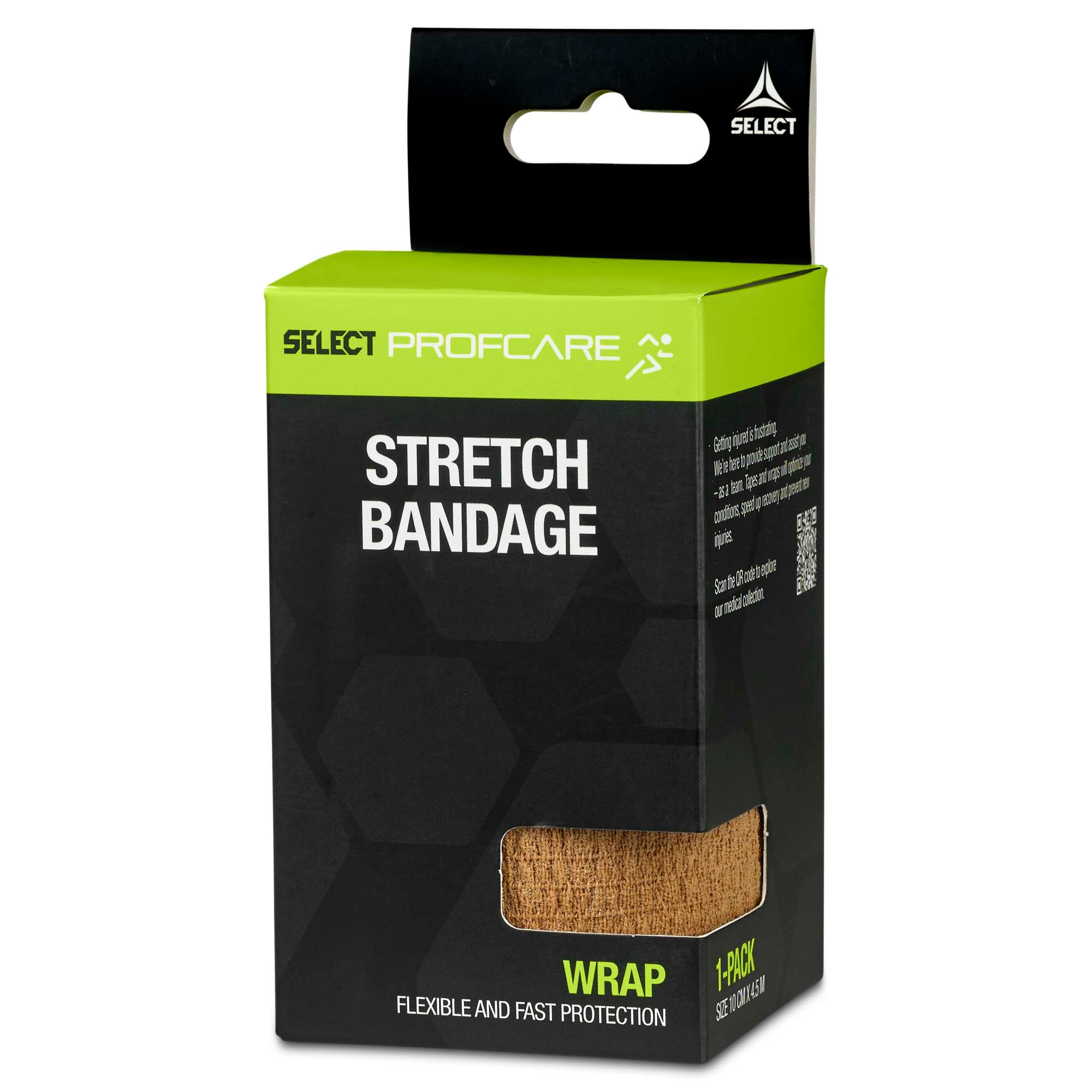 Right-side view of Stretch Bandage Sports care packaging in black with green accents and beige bandage.