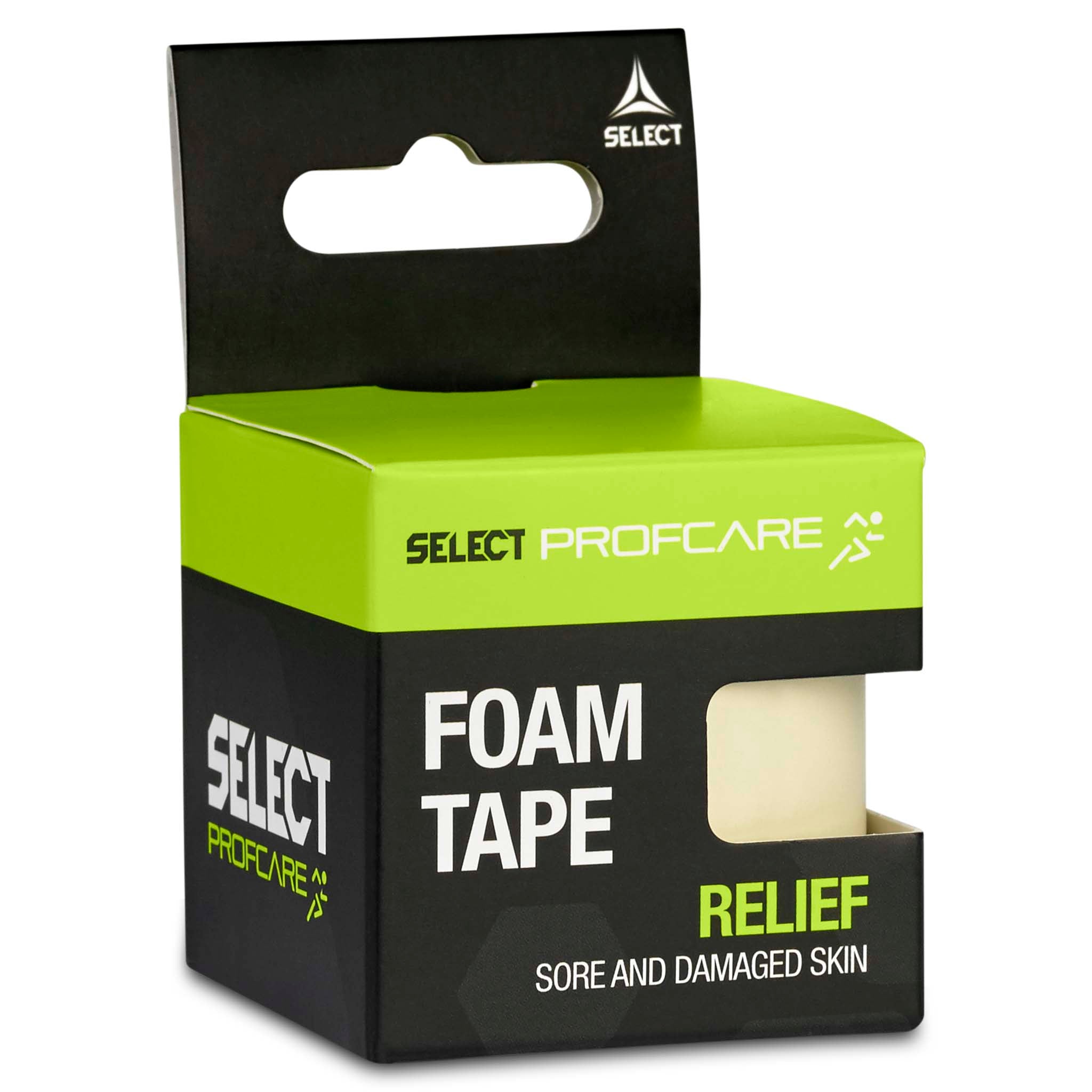 Left-side view of Foam Tape, sports care, in green, black and white packaging with cream-colored tape.