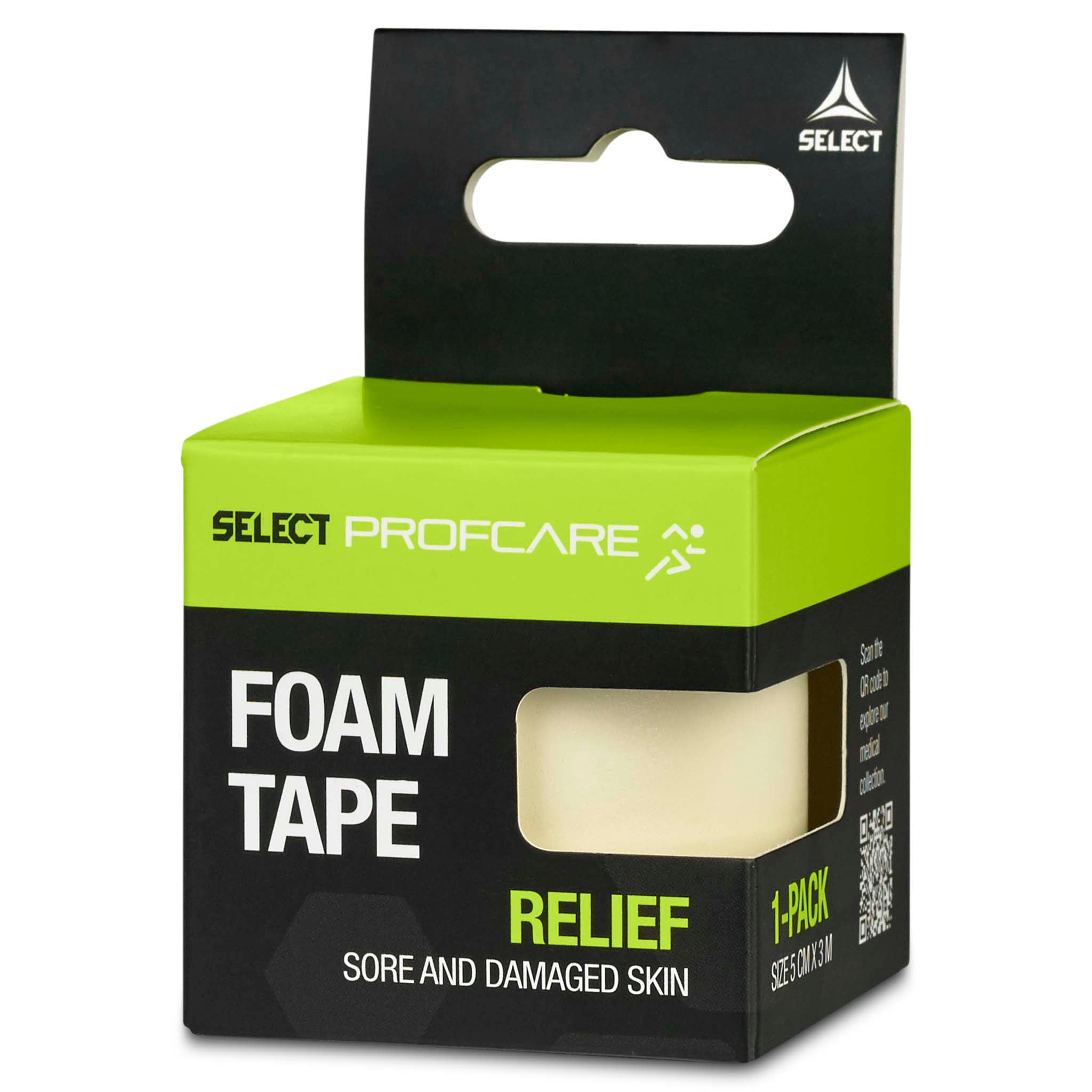 Foam Tape sports care box, right-side view, in green, black and white with cream-colored foam tape visible.