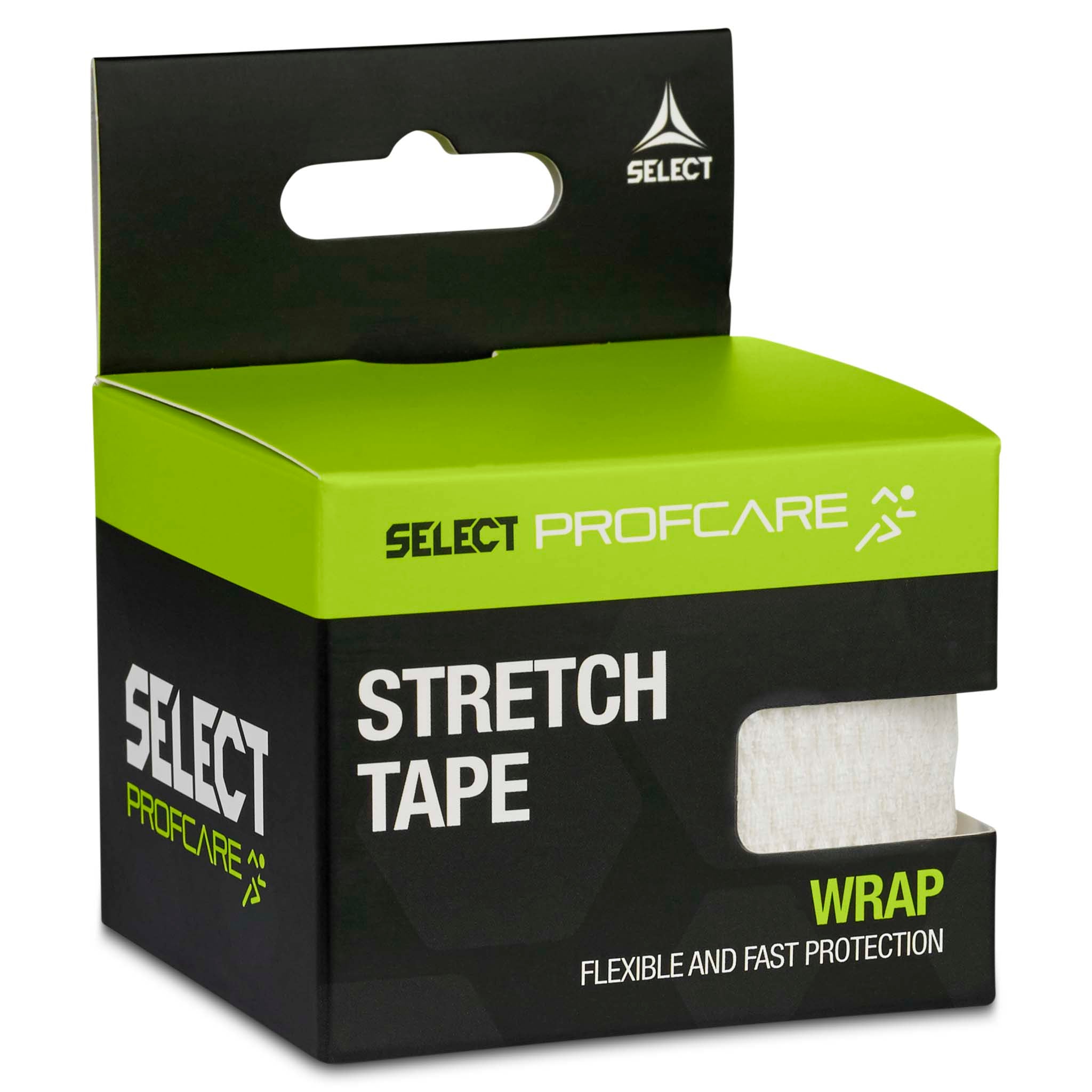 Black, green and white Stretch Tape sports care box, left-side view.