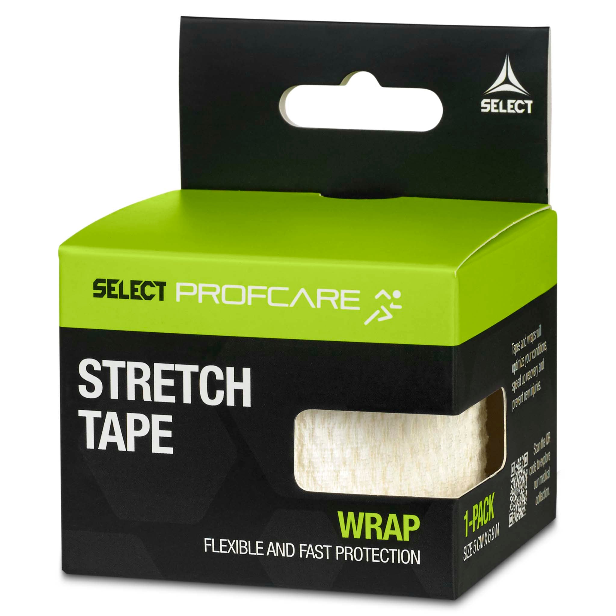 Stretch Tape sports care, green and black packaging with white tape, front page right-side view