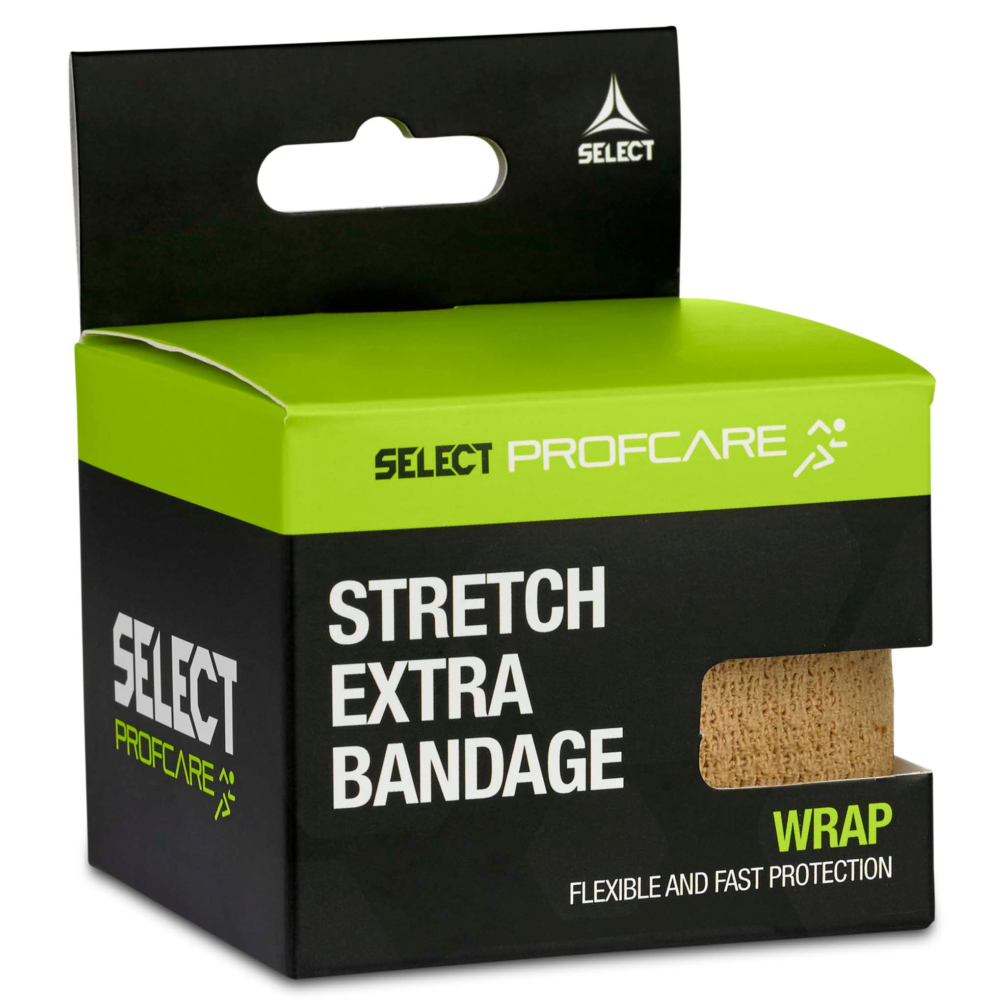 Beige Stretch Extra Bandage in green and black Profcare box, sports care, left-side packaging view.
