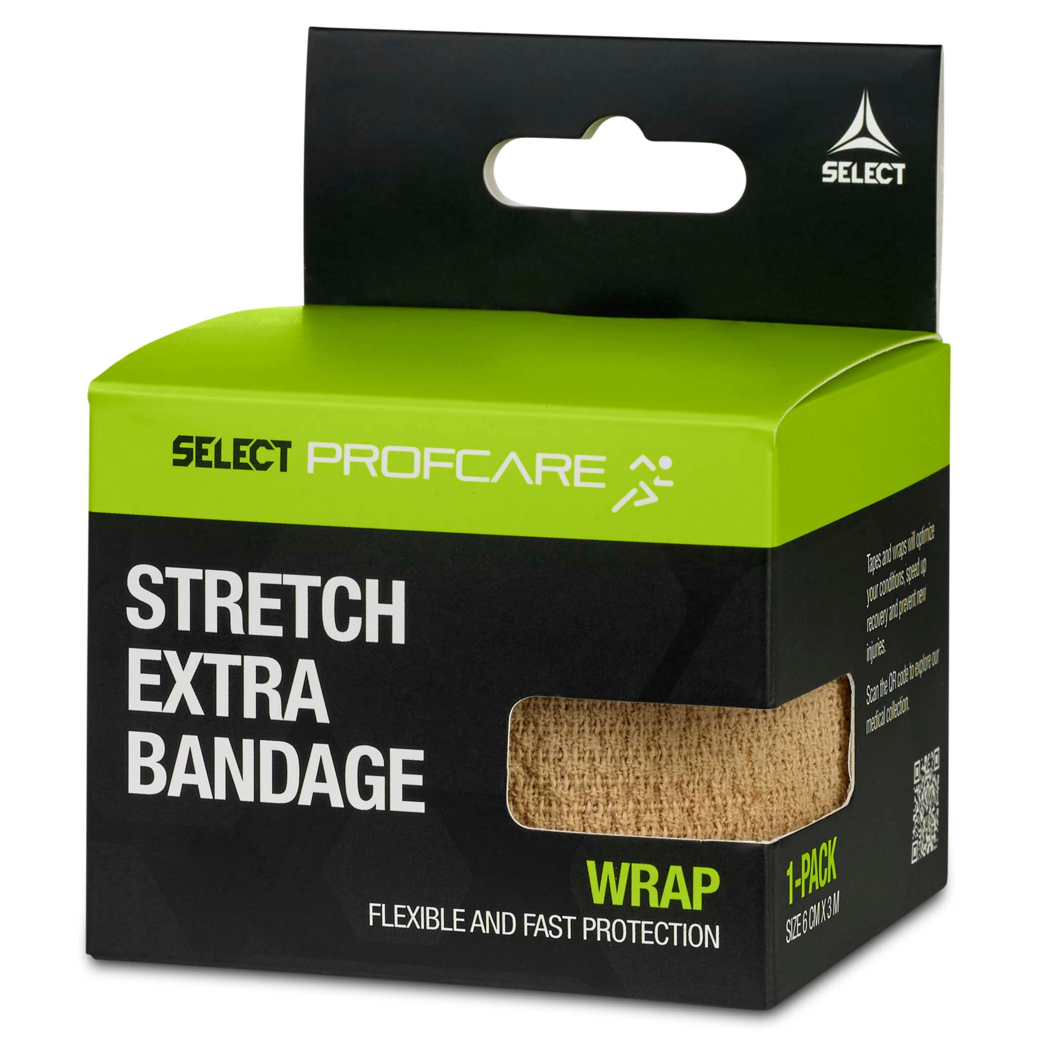 Stretch Extra Bandage, Sports care, green and black packaging with beige bandage, right-side angle.