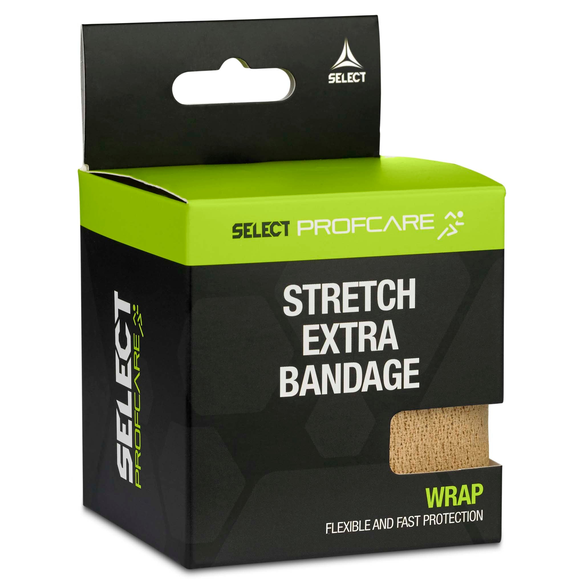 Stretch Extra Bandage, sports care, in green and black packaging with beige wrap, left-side angle.