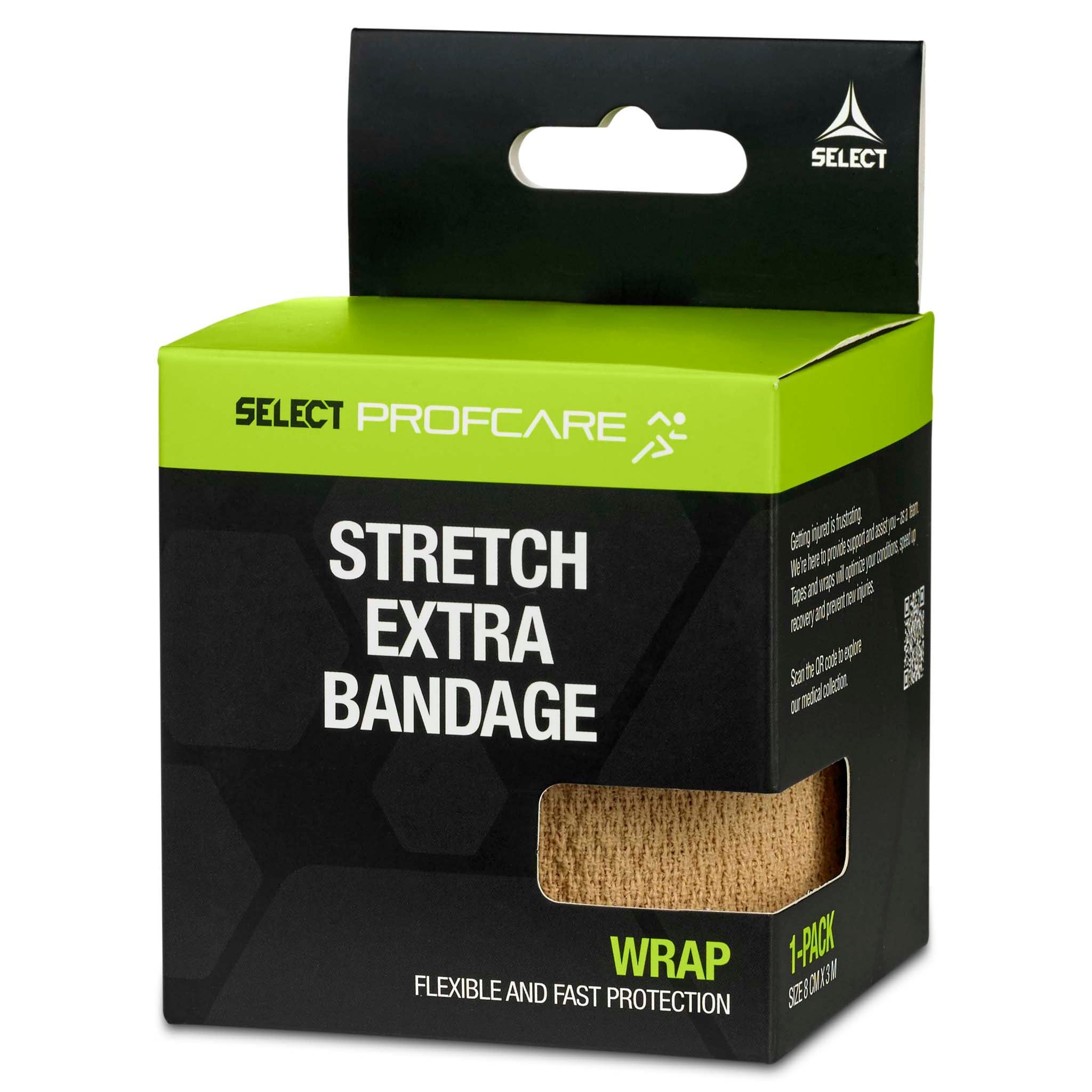 Stretch Extra Bandage sports care, right-side packaging view, green and black box with beige wrap bandage.