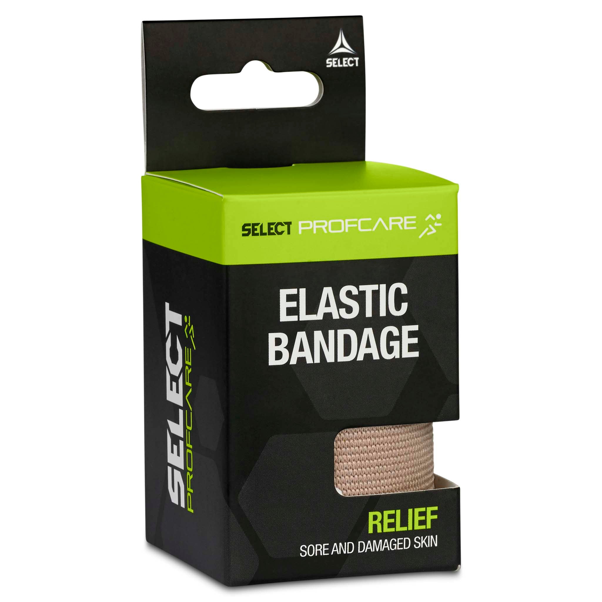 Beige Elastic bandage in black and green Sports care packaging, left-side view.
