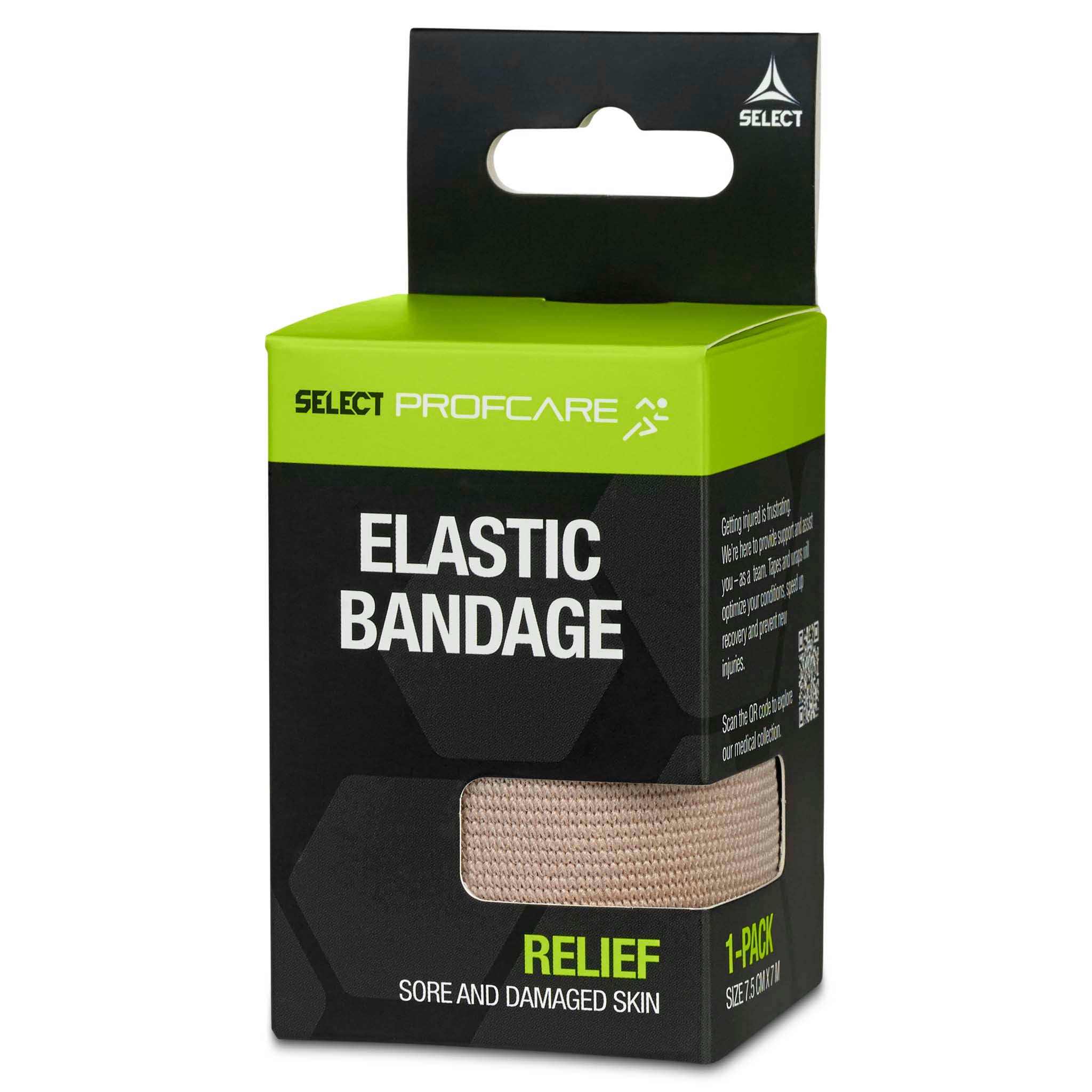 Elastic bandage in beige, Sports care, packaging shown from the right side with green and black design.