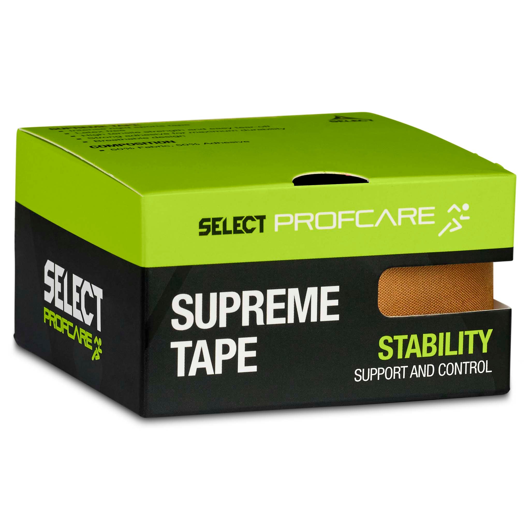 Beige Supreme Sports Tape in green and black Profcare box, left-side view, sports care for stability and support.
