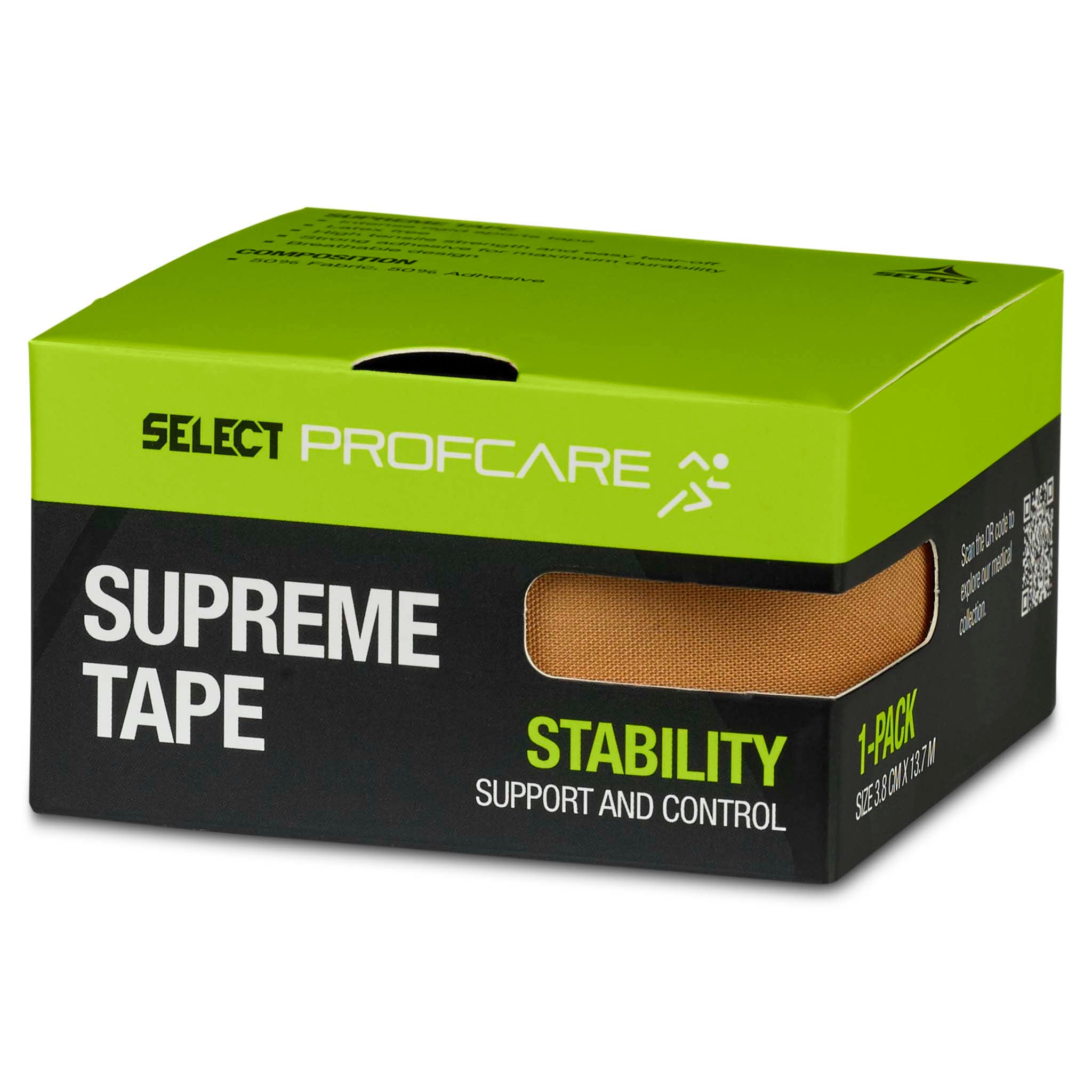 Supreme Sports Tape, sports care, right-side view. Green and black box with beige tape roll.