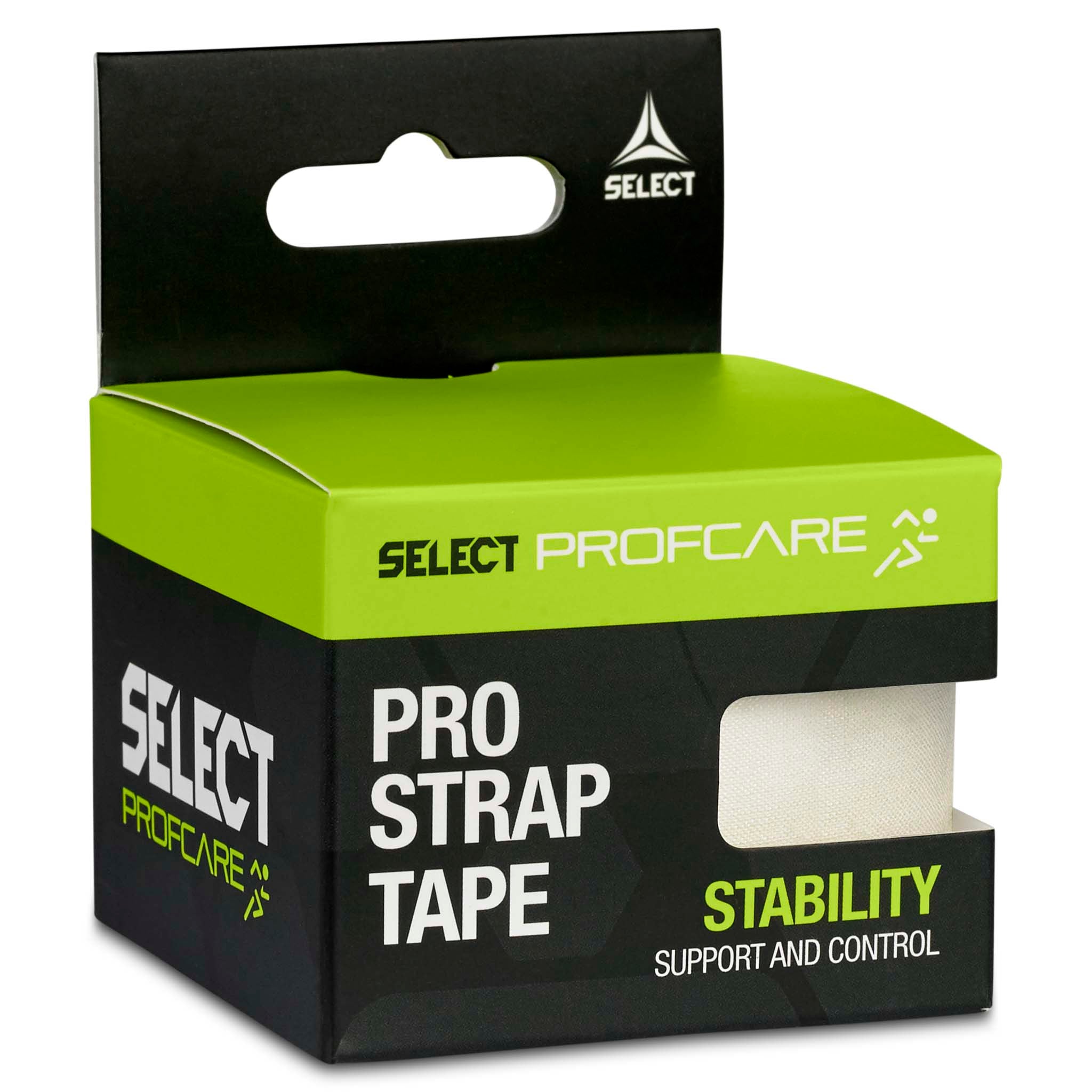 Pro Strap sportstape 2-pack, Sports care, in green, black and white packaging, left-side view of white tape.