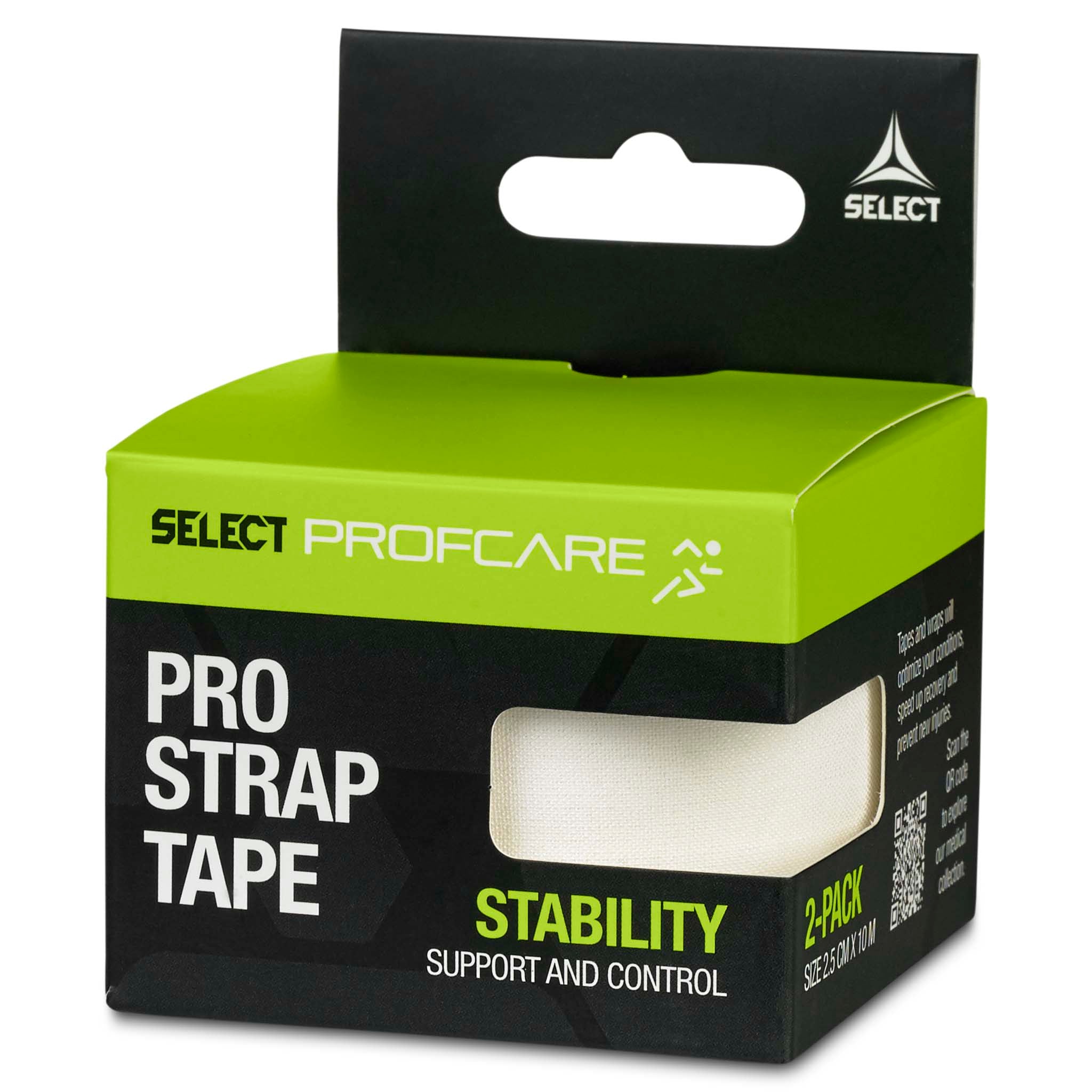 Pro Strap sportstape 2-pack, Sports care. Green and black packaging with white tape, right-side view.