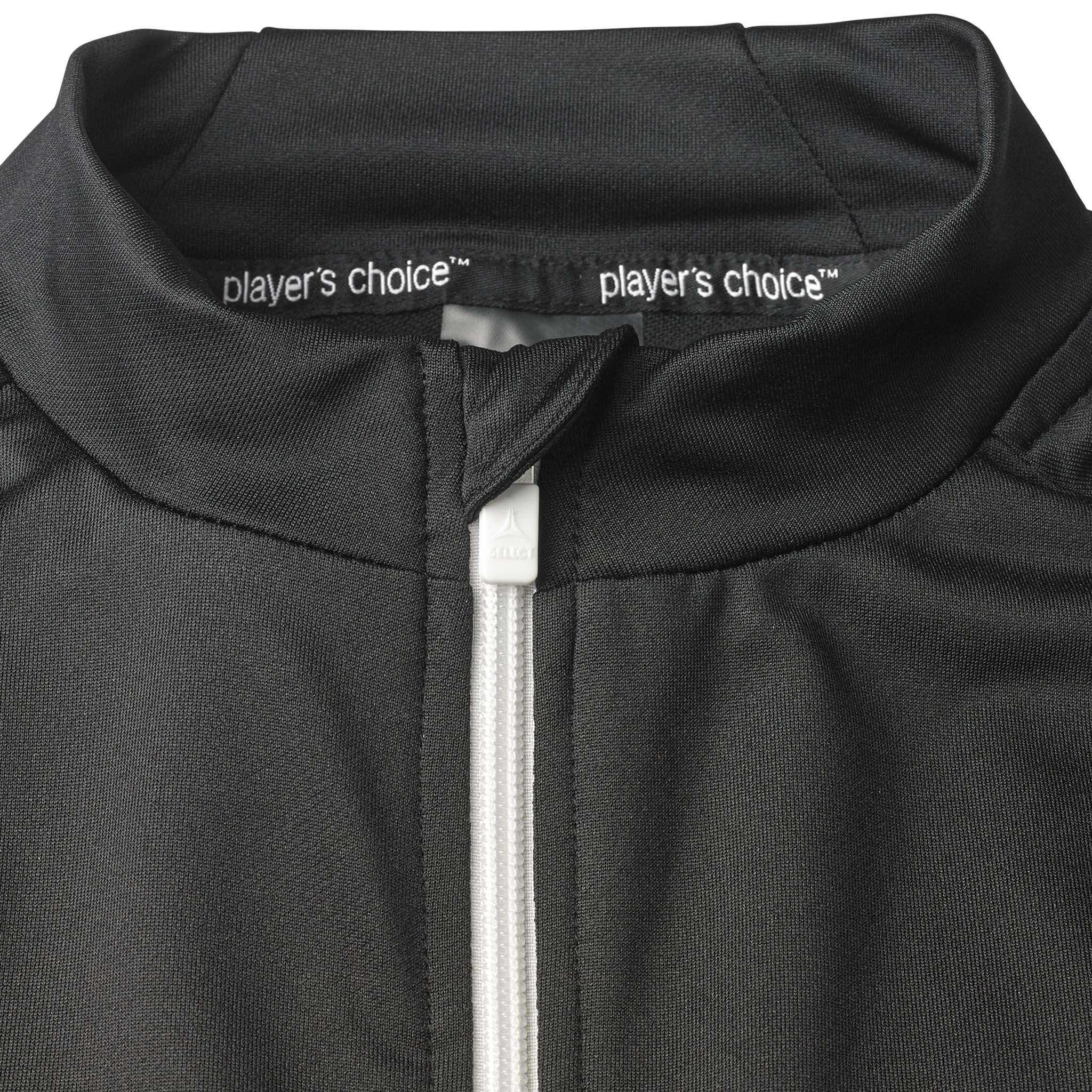 Closeup of black Training zip jacket Spain woman v25, white zip and collar branding, Match & Training wear