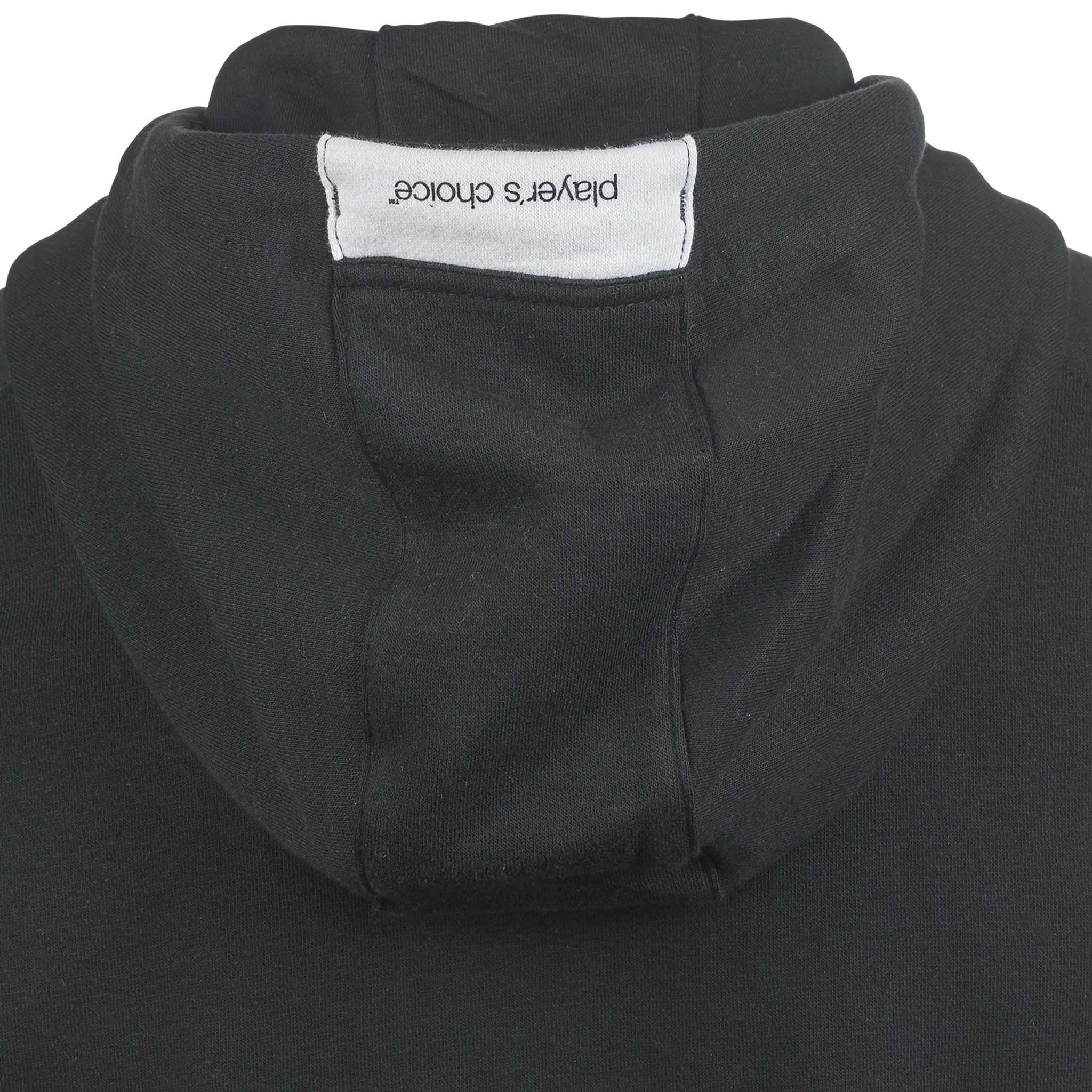 Closeup of black Zip hoodie Oxford woman v25 leisure wear, showing hood and 'players choice' label