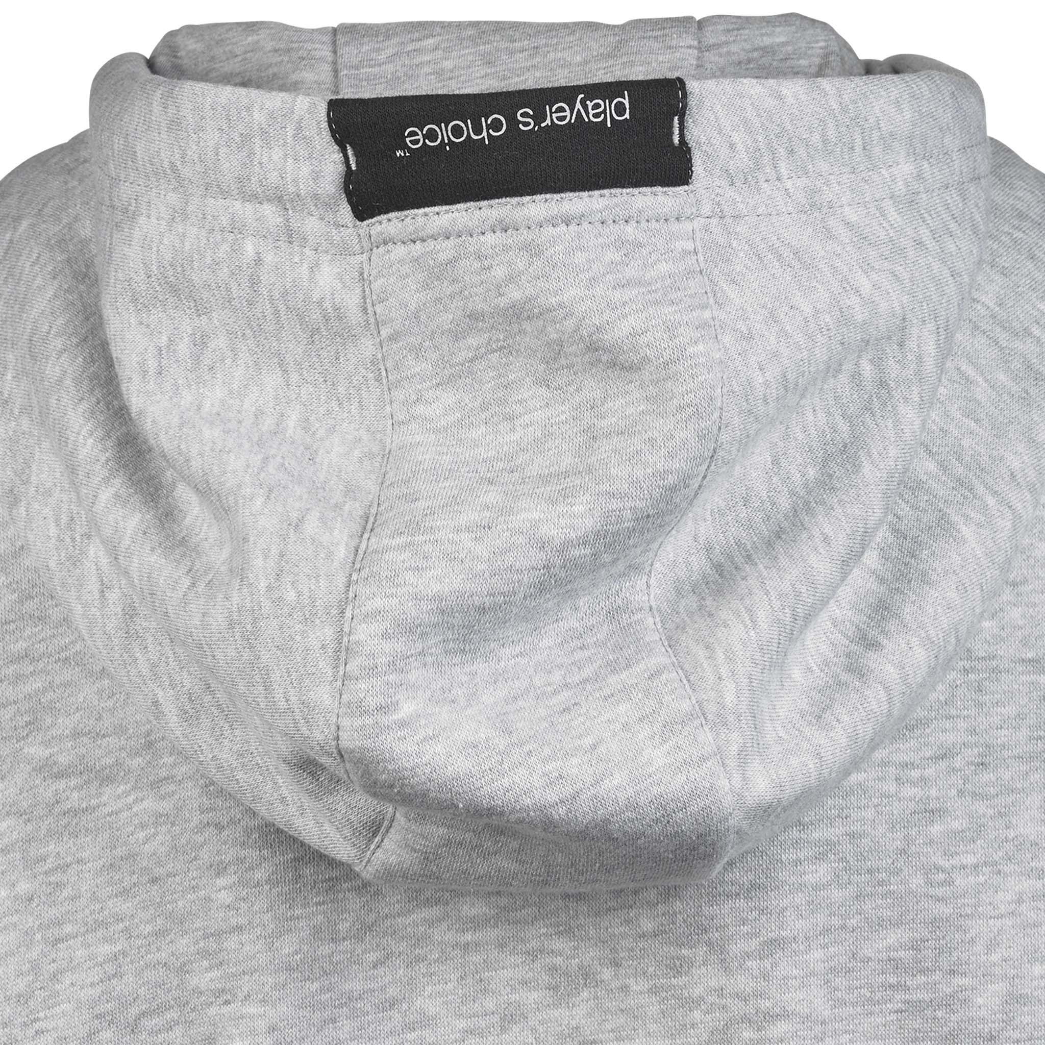 Closeup of grey Zip hoodie Oxford woman v25 leisure wear, showing hood and player's choice label.