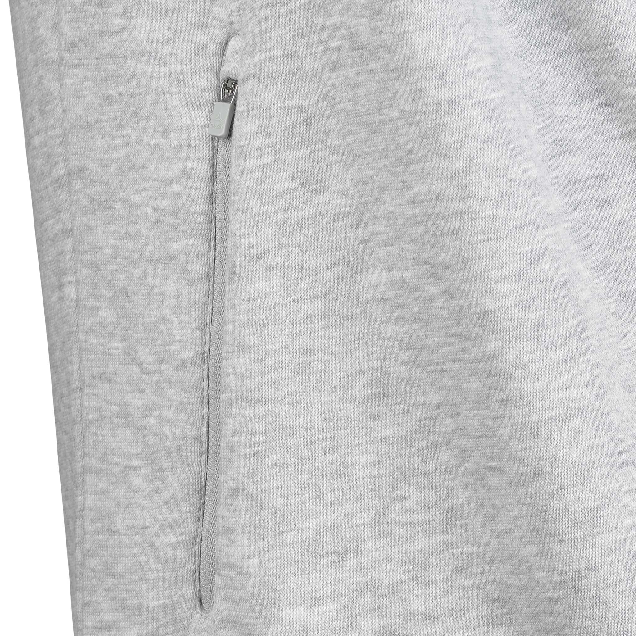 Closeup of grey Zip hoodie Oxford woman v25 leisure wear, showing zipped pocket detail.