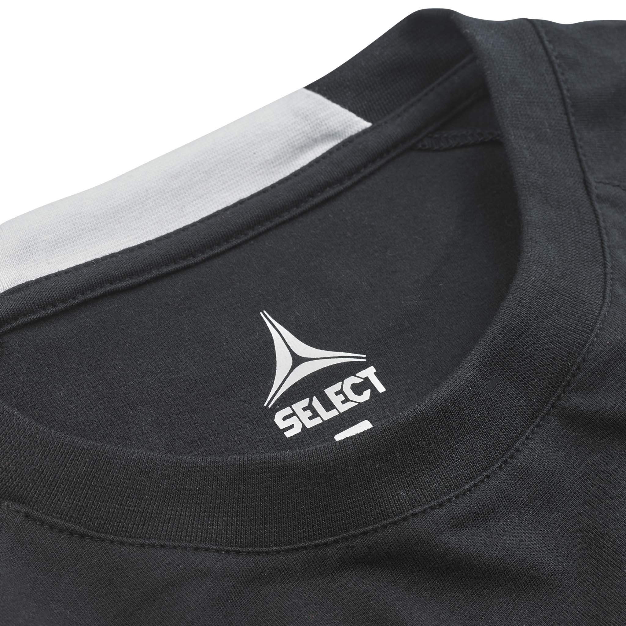 Closeup of black T-Shirt Oxford woman v25 leisure wear with white Select logo and ribbed neckline.