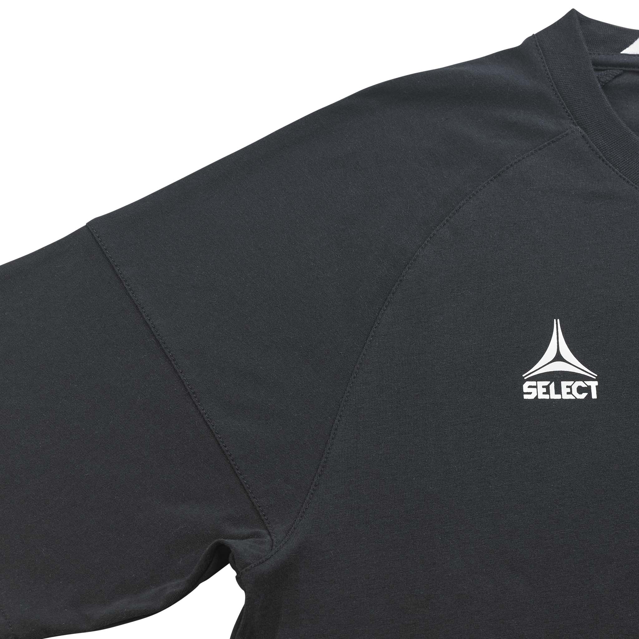 Closeup of black T-Shirt Oxford woman v25 leisure wear, showing white Select logo on chest.