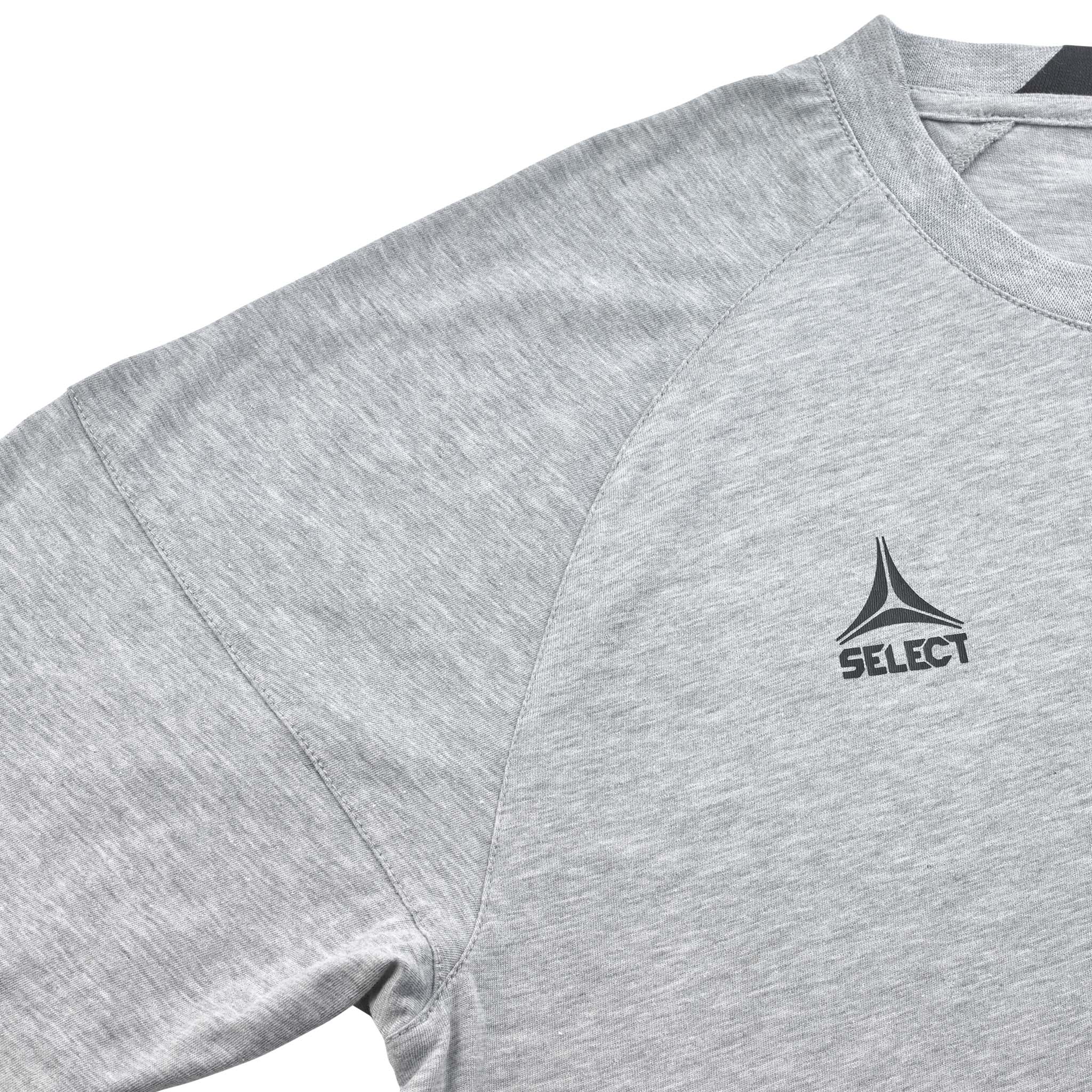 Closeup of grey T-Shirt Oxford woman v25 leisure wear, showing fabric and dark logo detail.