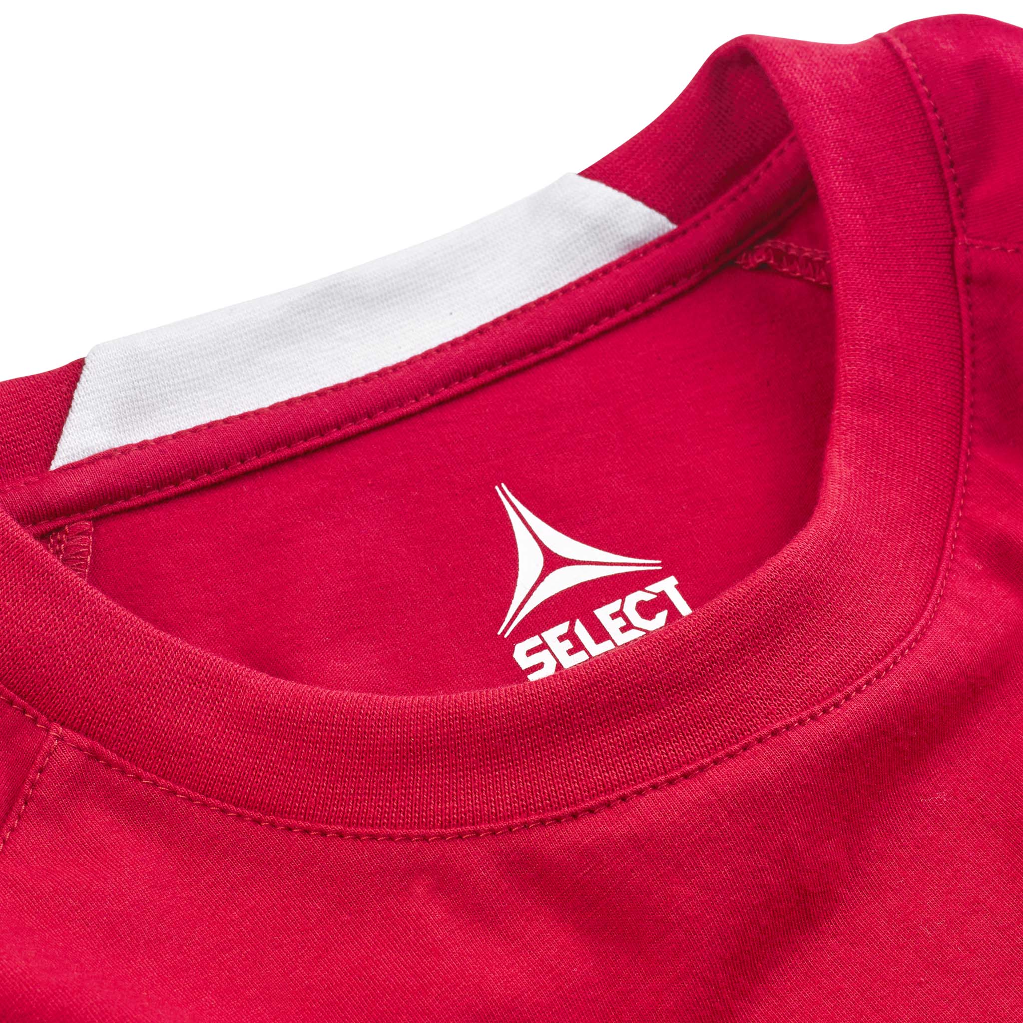 Closeup of red T-Shirt Oxford woman v25 leisure wear, showing white Select logo and neckline detail.