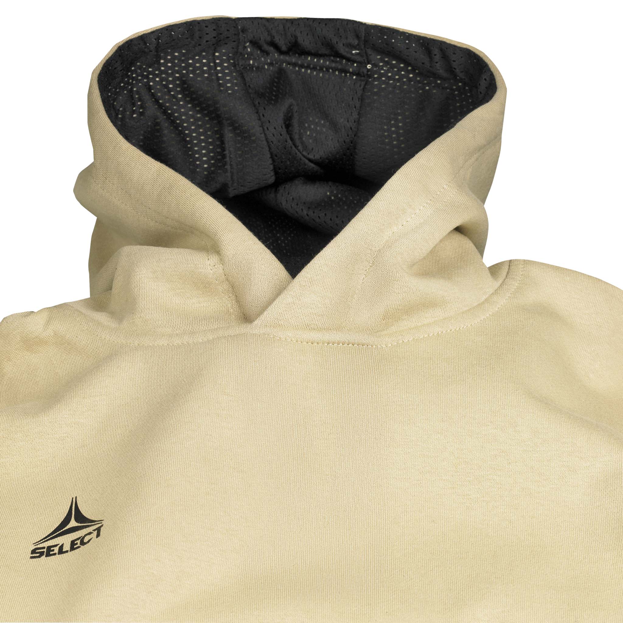Closeup of beige Hoodie Basic Select v24 leisure wear, showing black mesh-lined hood and Select logo.